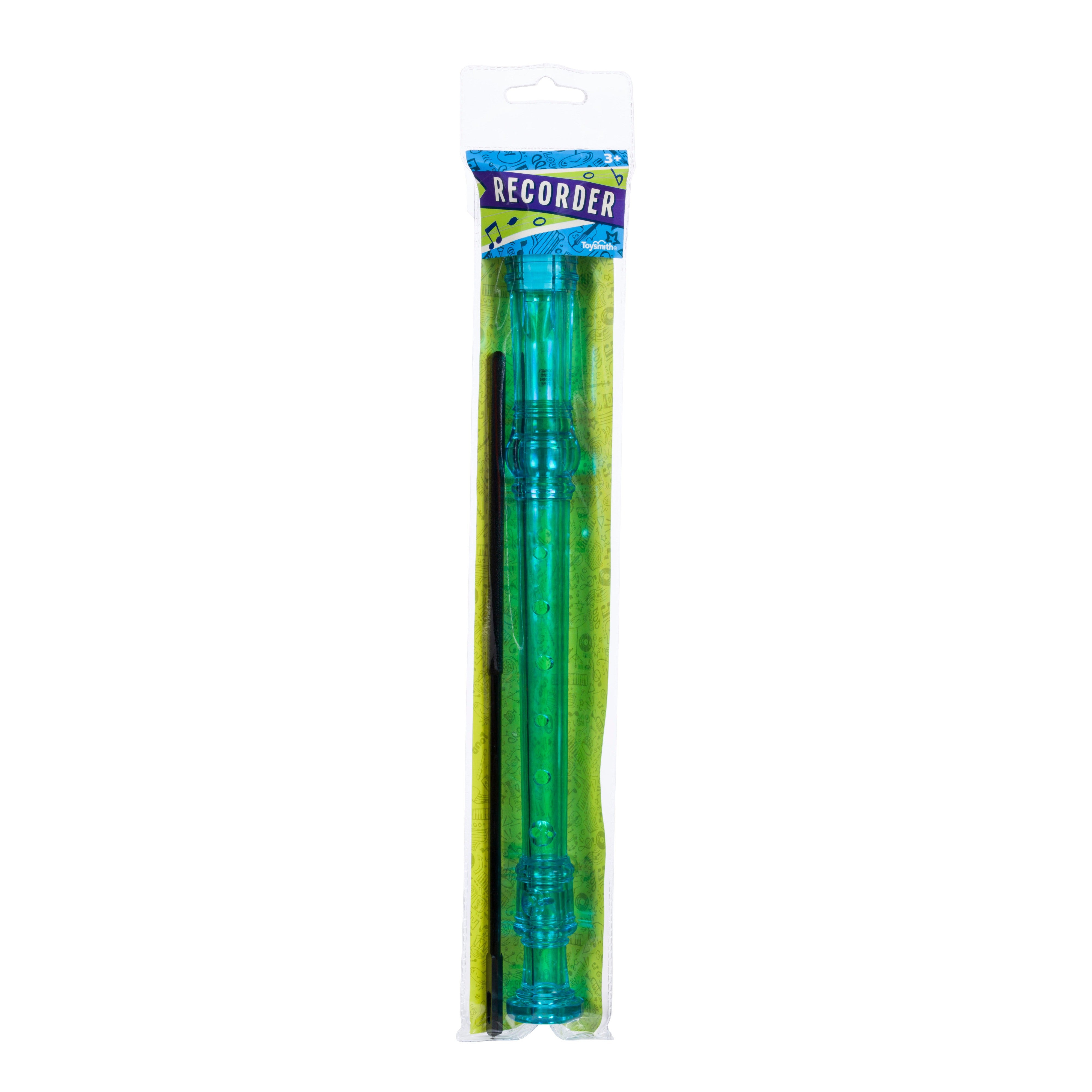 The Toysmith Recorder by Toysmith comes in green and blue with a cleaning rod. Its packaging features "Recorder" and musical notes, making it an ideal beginner's instrument for kids.