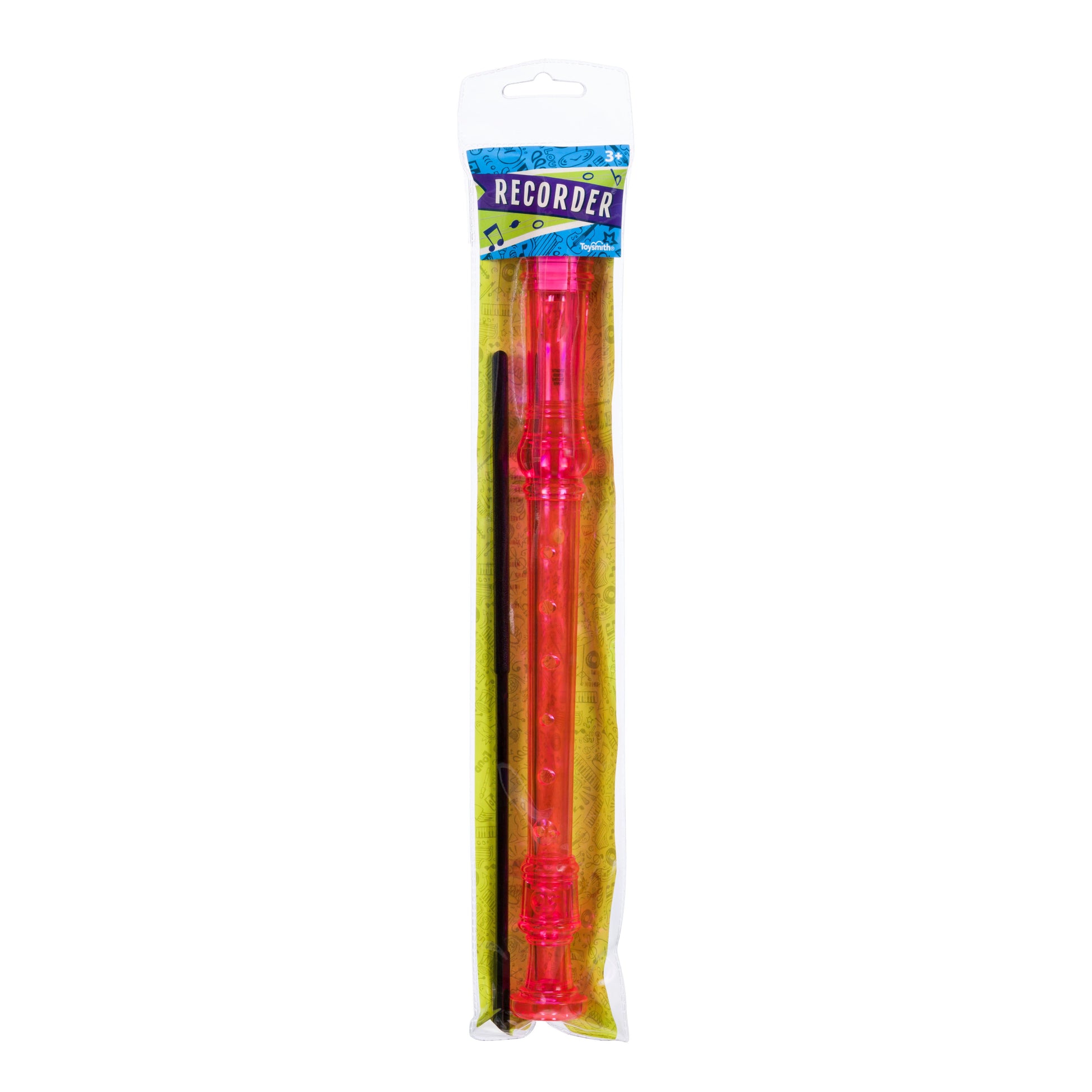 The Toysmith Recorder, in pink, comes with a black cleaning rod in clear packaging featuring a blue “Recorder” label—perfect as a beginner musical instrument for children.
