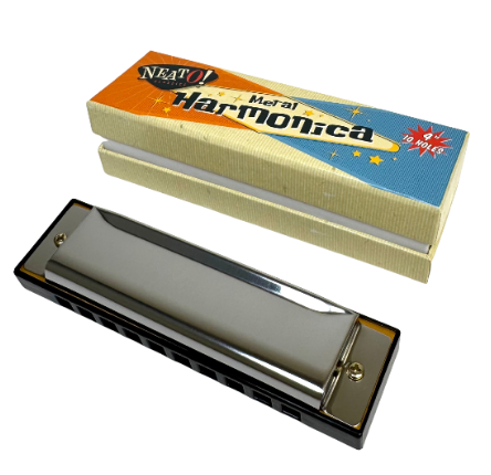 The Neato! Metal Harmonica features a shiny metal design with a black base and comes in a colorful retro box with stars and orange accents, making it a fun, portable instrument for music lovers of all ages.