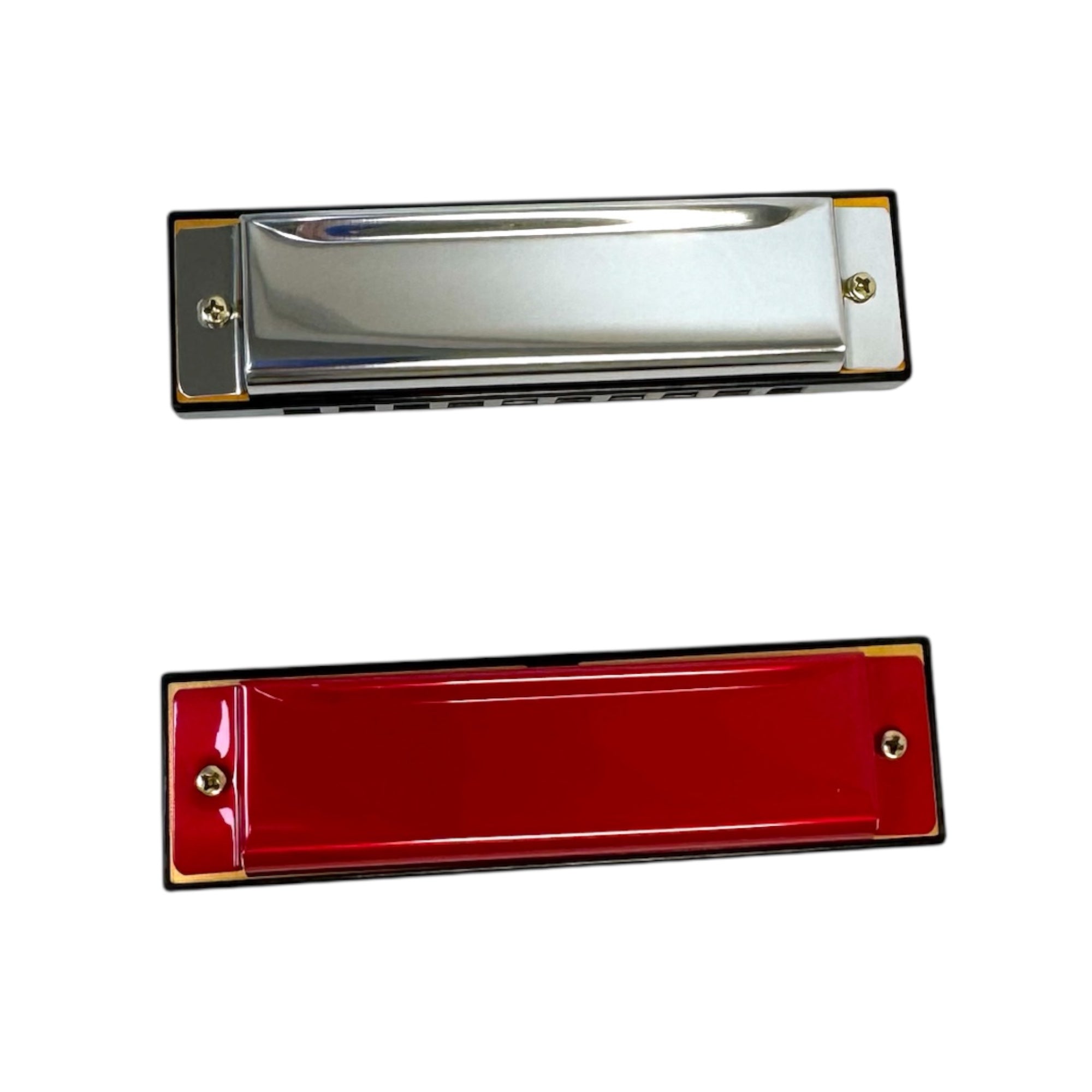 Two Neato! Metal Harmonicas—one with a shiny silver cover, the other with a glossy red cover—are displayed side by side on a white background, highlighting their compact, portable design.