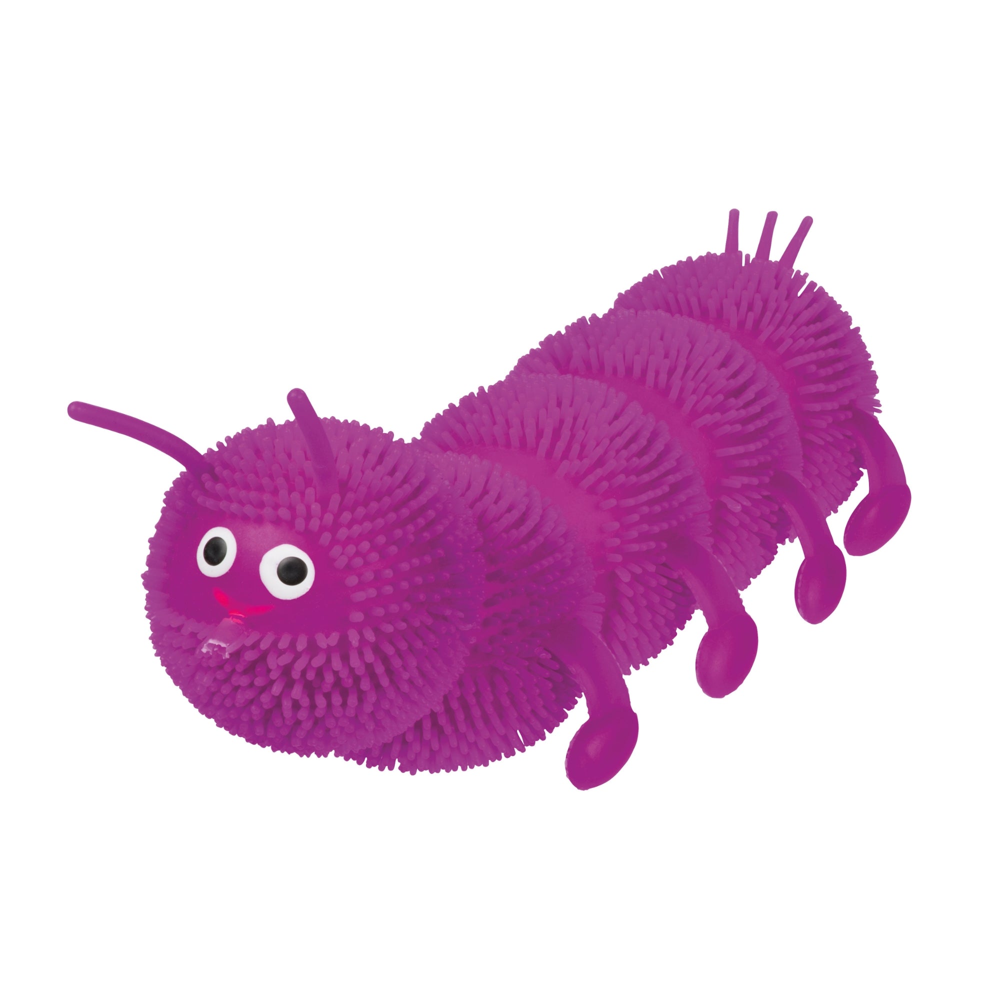 The Toysmith Colorful Stretchy Caterpillar by Toysmith is a purple, fuzzy, segmented toy with big googly eyes, a pink nose, and four legs on each side, shown facing right on a white background.