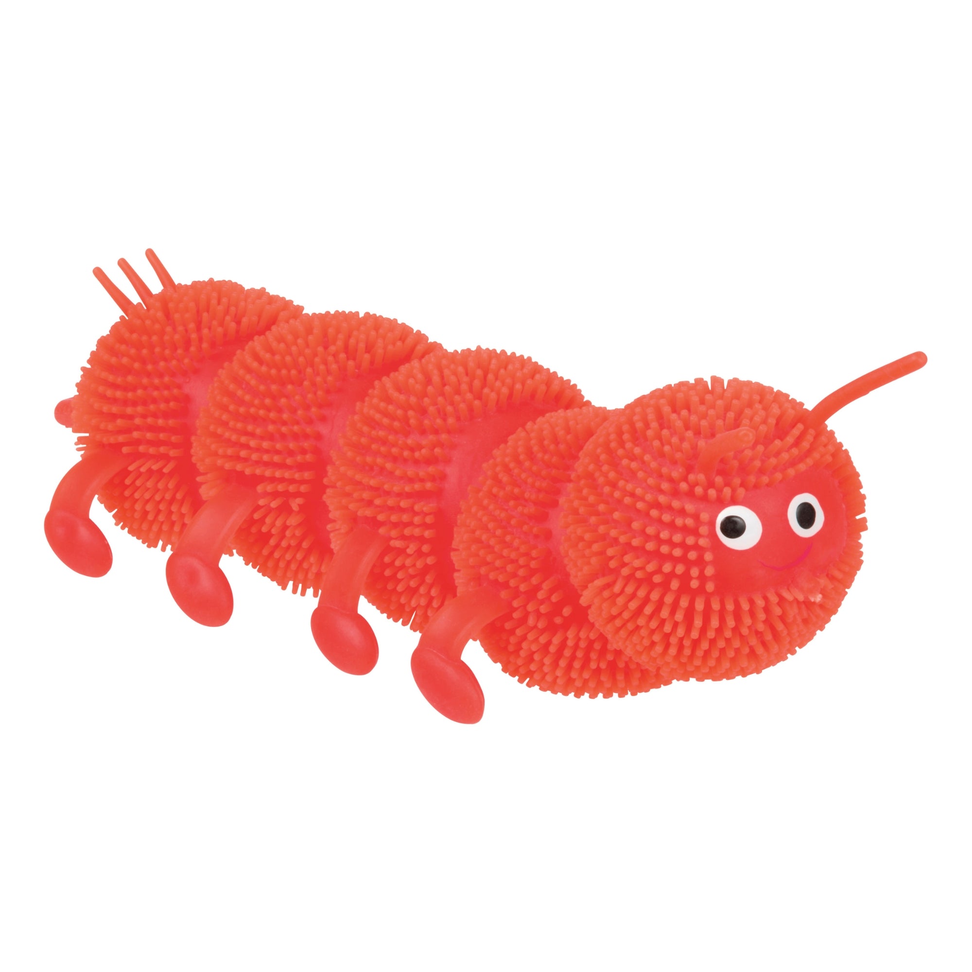The Toysmith Colorful Stretchy Caterpillar by Toysmith is a red, rubbery toy with four legs, a textured spiky surface, two antennae, and googly eyes.