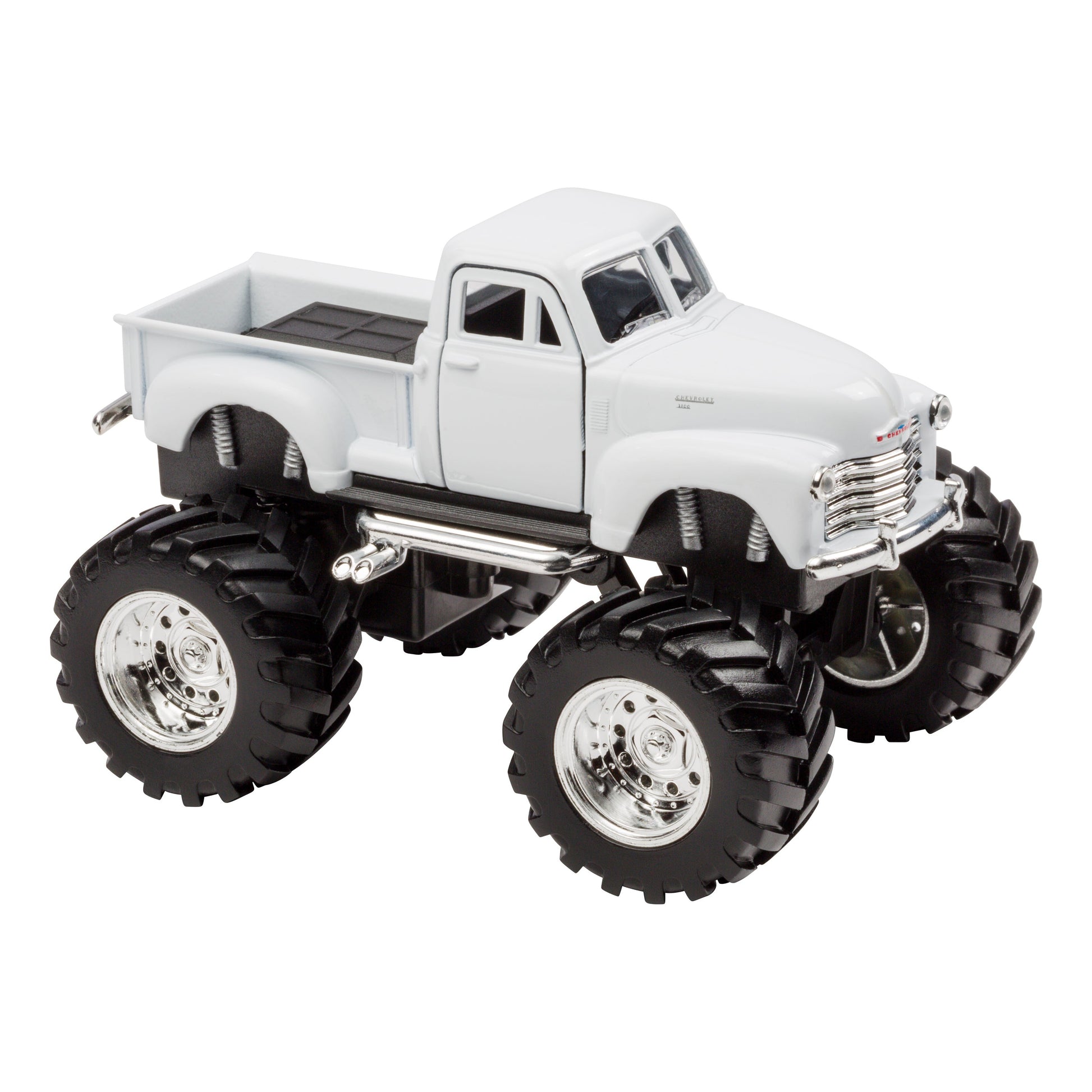 The Toysmith Monster Chevy Pickup is a white vintage-style toy truck with oversized black tires and chrome wheels, displayed on a plain white background—perfect for off-road fun. Brand: Toysmith.