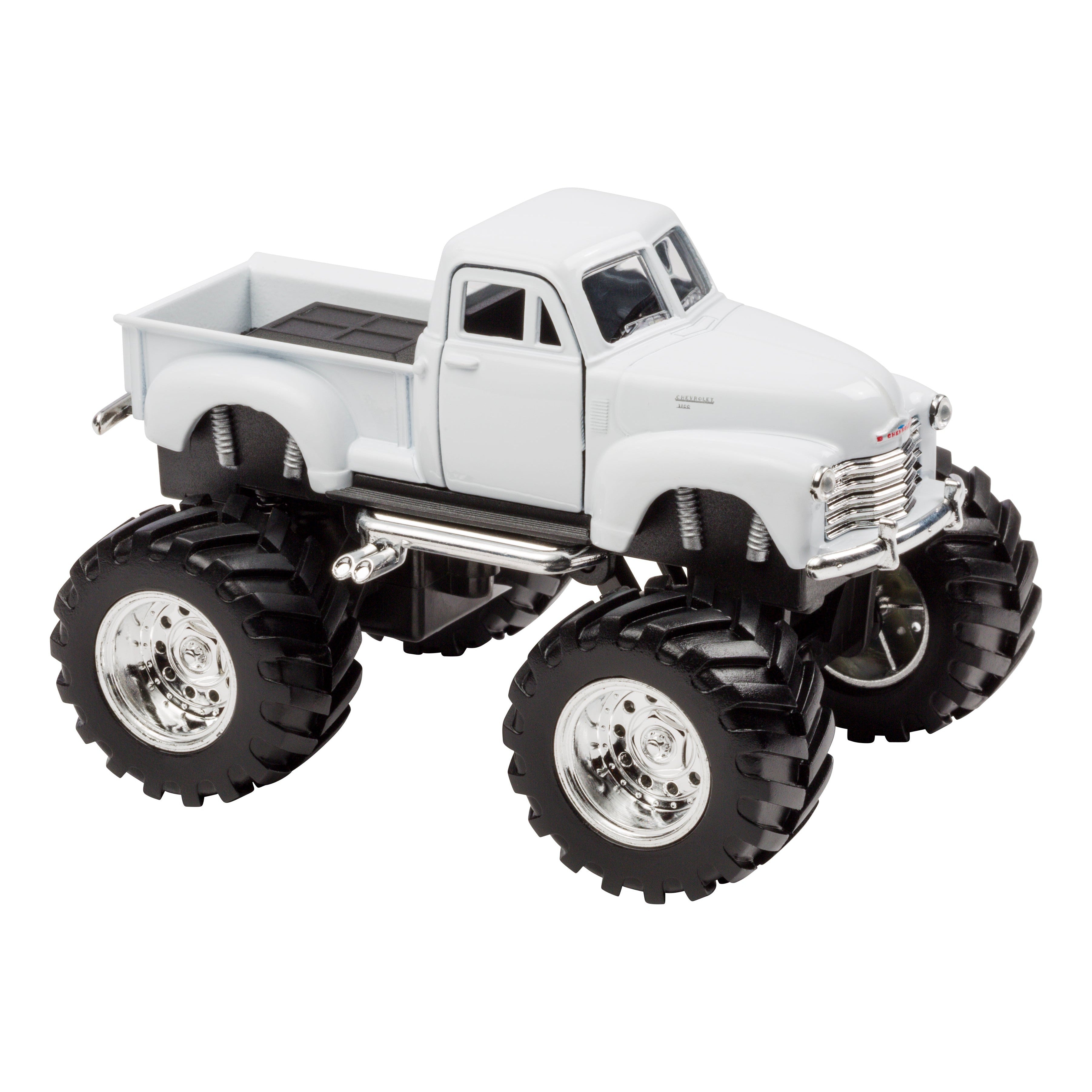 The Toysmith Monster Chevy Pickup is a white vintage-style toy truck with oversized black tires and chrome wheels, displayed on a plain white background—perfect for off-road fun. Brand: Toysmith.
