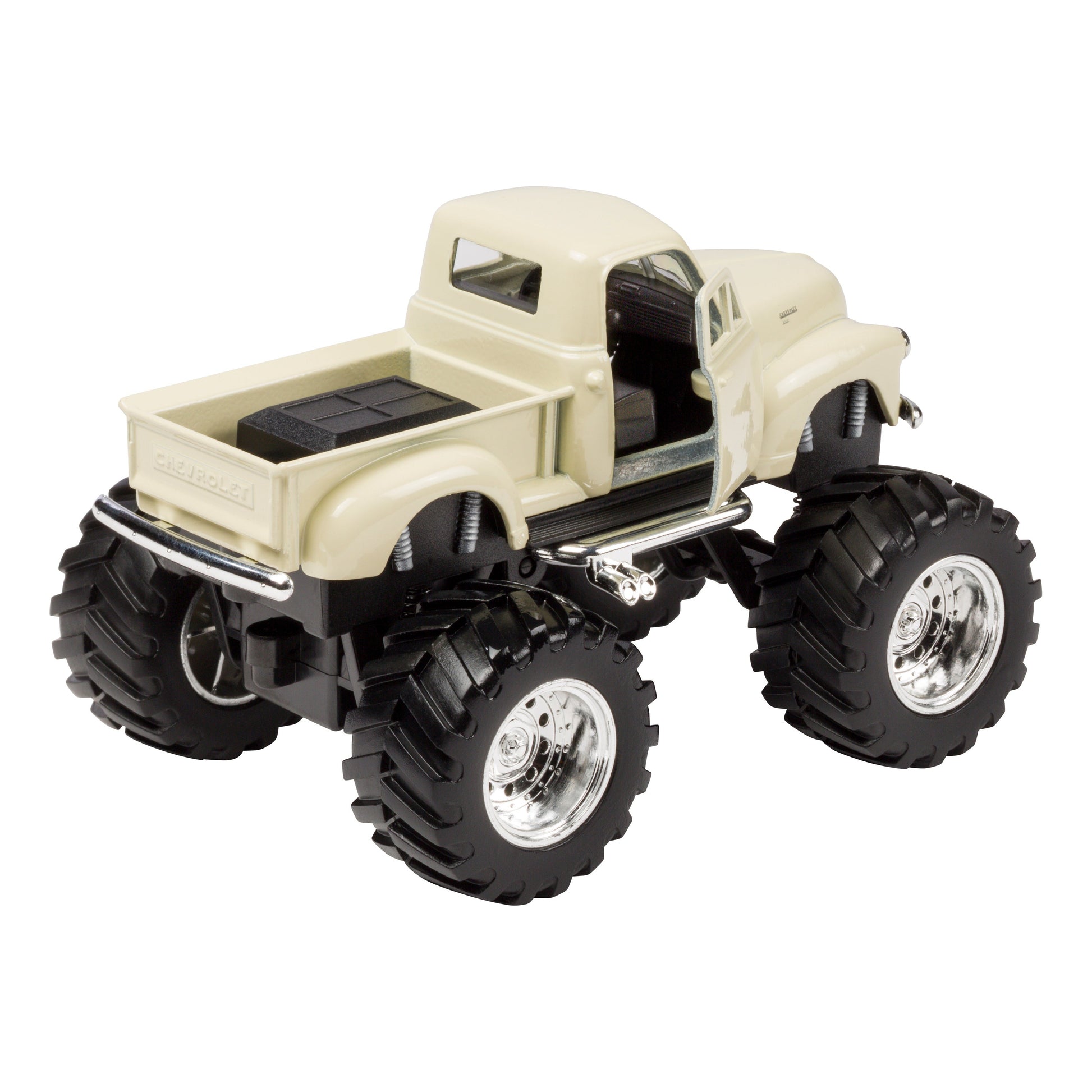 The Toysmith Monster Chevy Pickup is a beige toy truck with oversized black tires, silver rims, and an open truck bed, shown from the rear left—ideal for off-road pretend play.