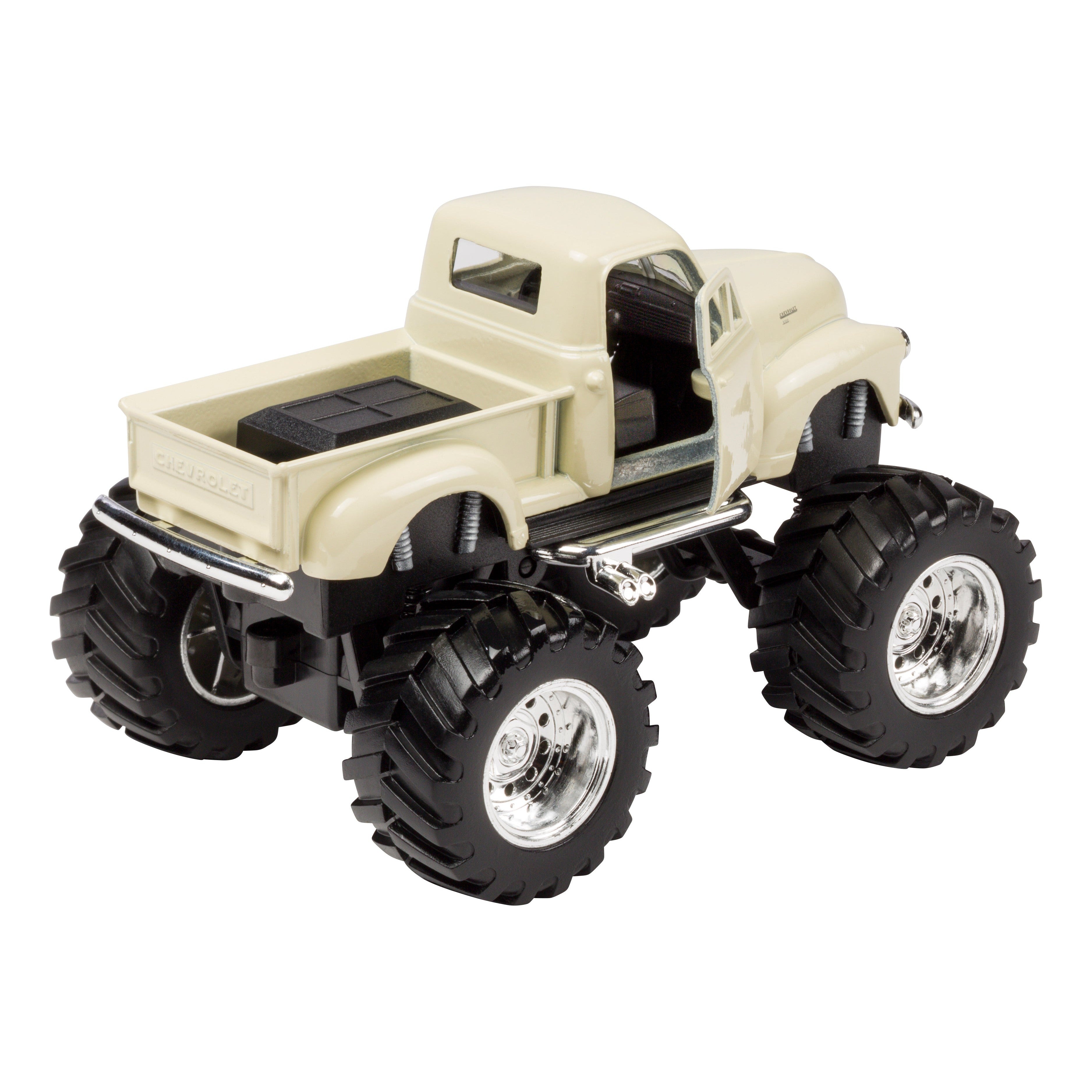 The Toysmith Monster Chevy Pickup is a beige toy truck with oversized black tires, silver rims, and an open truck bed, shown from the rear left—ideal for off-road pretend play.