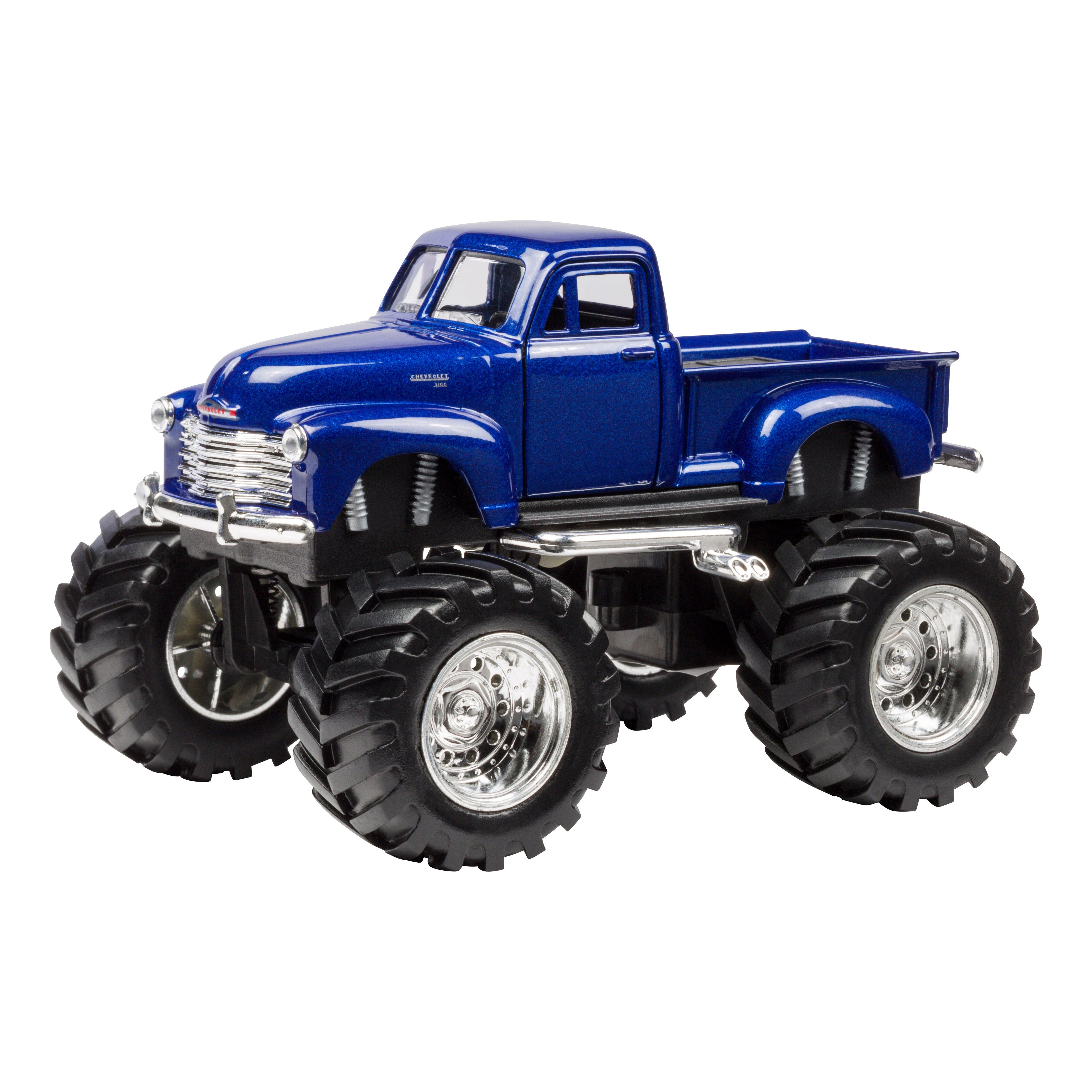 The Toysmith Monster Chevy Pickup is a blue, vintage-style toy truck with oversized tires and chrome rims, perfect for off-road play. Brand: Toysmith.