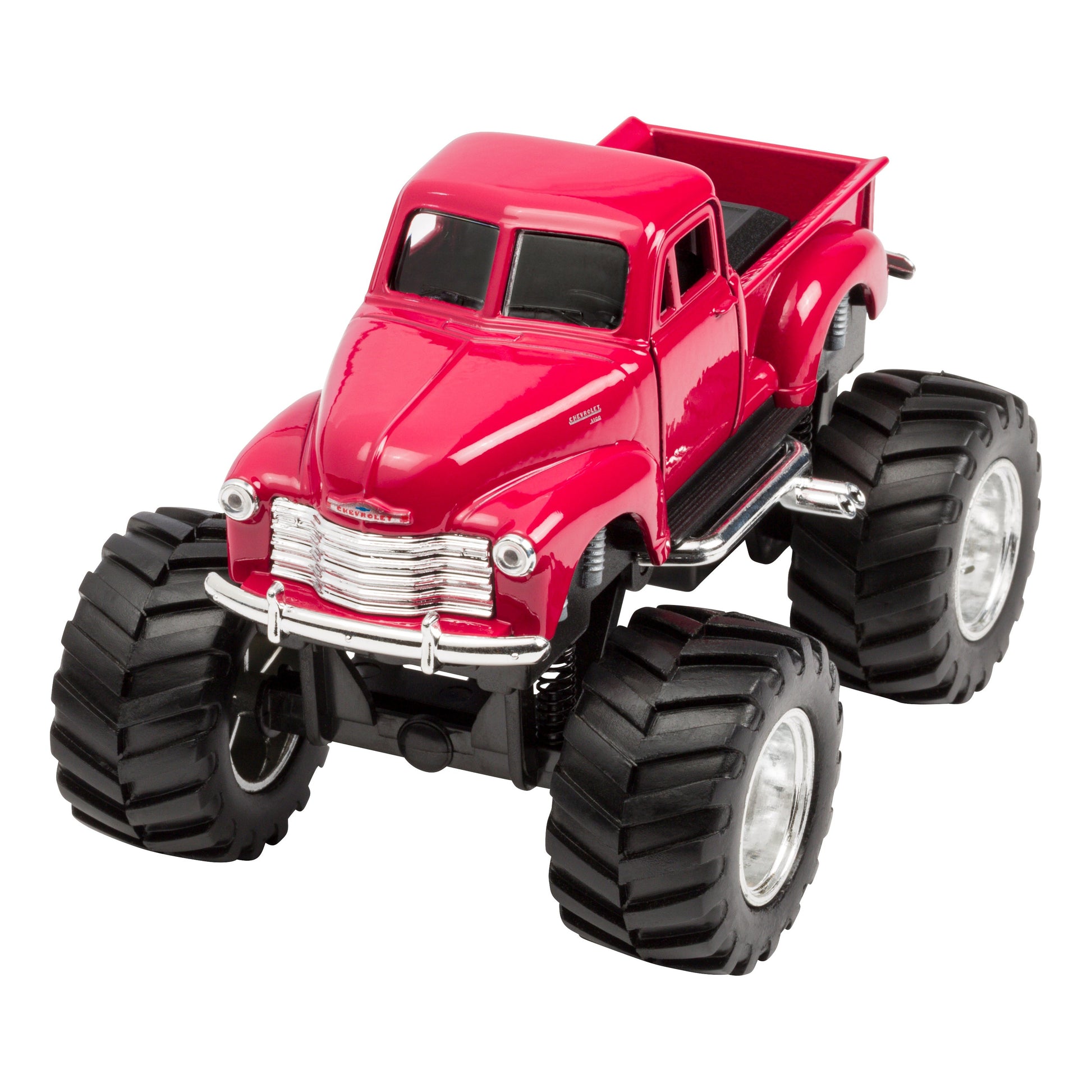 The Toysmith Monster Chevy Pickup is a red toy truck with oversized black tires and chrome accents, perfect for off-road fun. Shown on a white background. Brand: Toysmith.