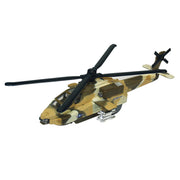 The Rollin' Die Cast Sonic Gunship by Rollin' features camouflage paint, black rotor blades, flashing lights, and side-mounted mini missiles, shown at an angle on a white background.