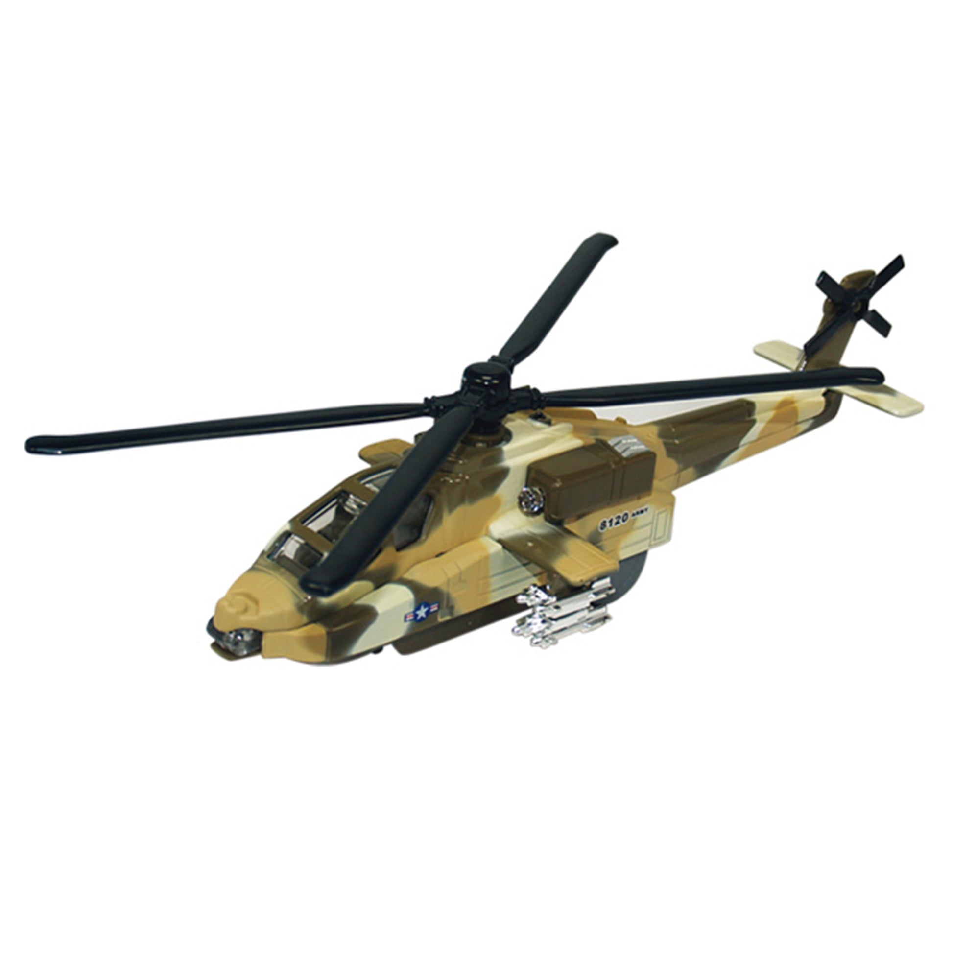 The Rollin' Die Cast Sonic Gunship by Rollin' features camouflage paint, black rotor blades, flashing lights, and side-mounted mini missiles, shown at an angle on a white background.