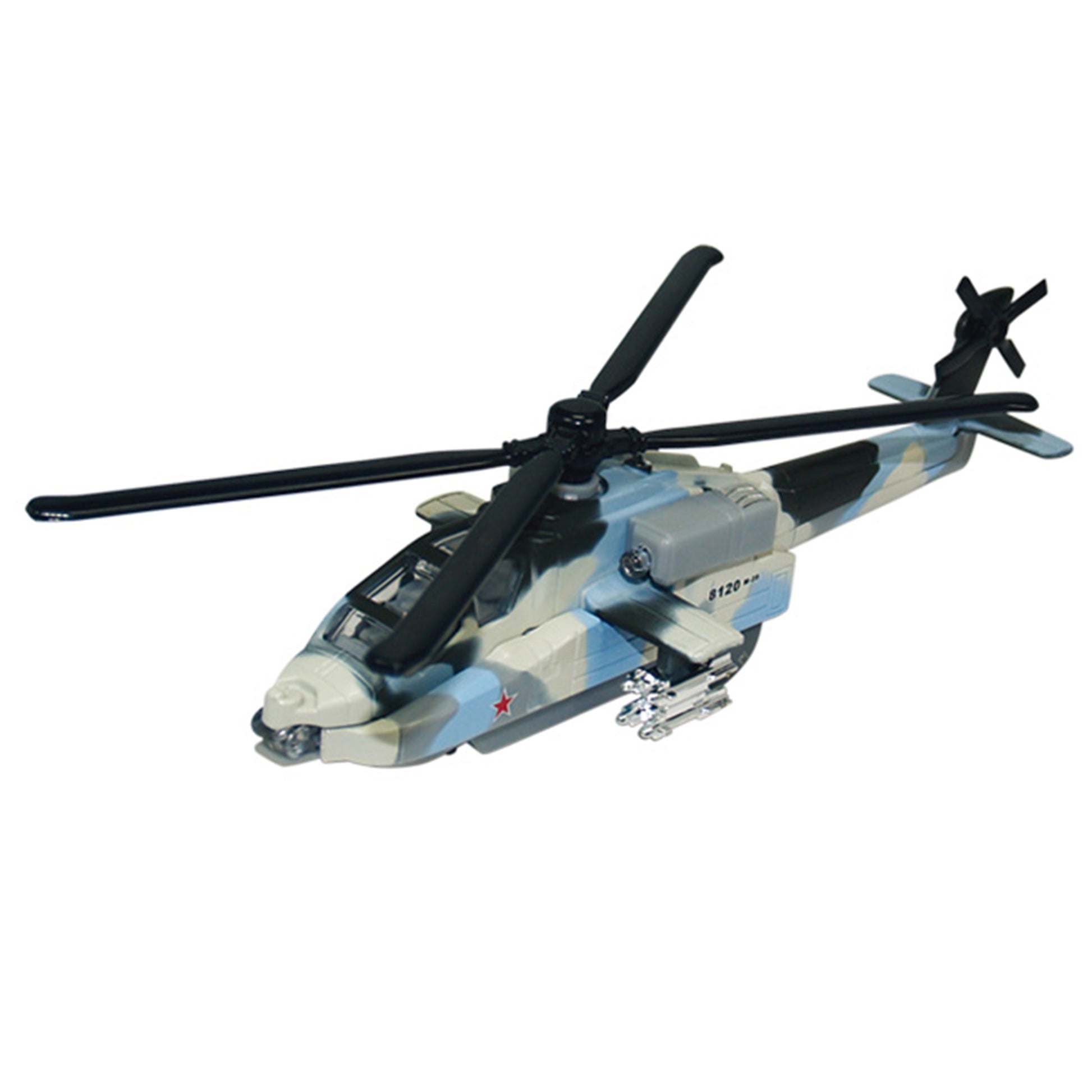 The Rollin' Die Cast Sonic Gunship by Rollin' features camouflage in gray, blue, and white, two black rotors, a star insignia, attached wing weapons, and flashing lights for extra fun.