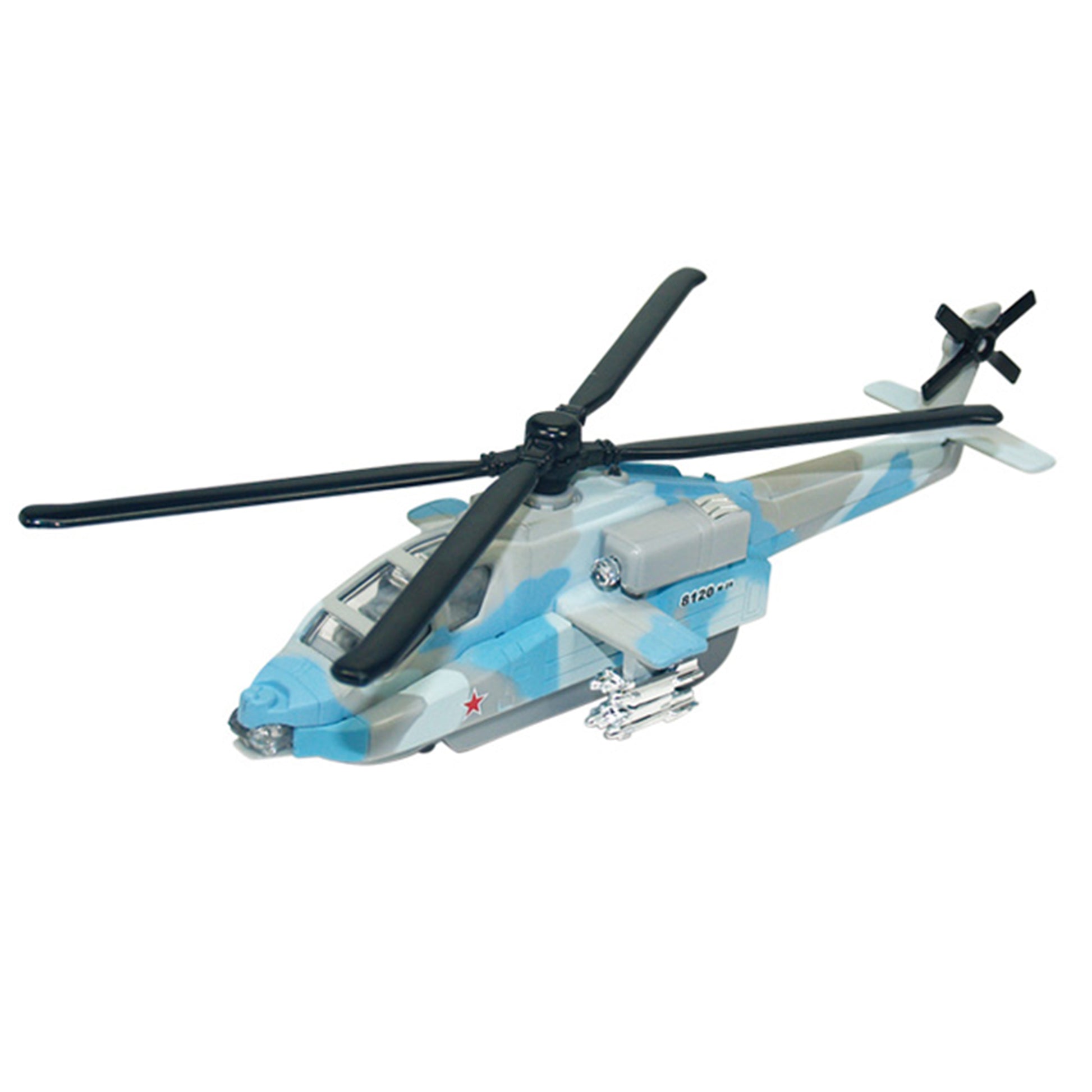The Rollin' Die Cast Sonic Gunship features blue and gray camouflage, black rotor blades, and side missiles. Seen from a front-side angle, this Rollin' helicopter is perfect for imaginative play.