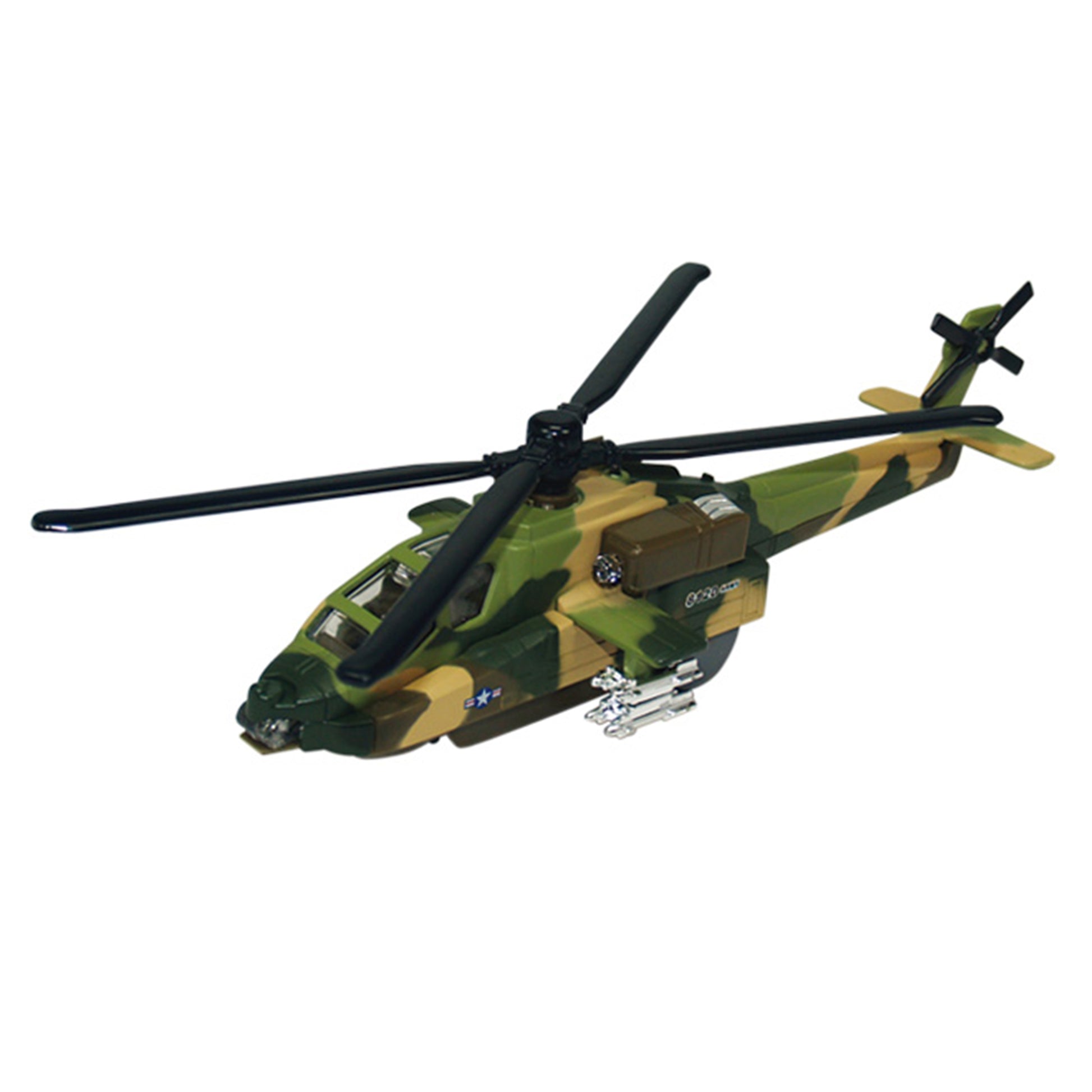 The Rollin' Die Cast Sonic Gunship by Rollin' is a green and brown camouflage helicopter toy featuring black rotor blades and detailed weapon attachments on the sides, displayed against a white background.