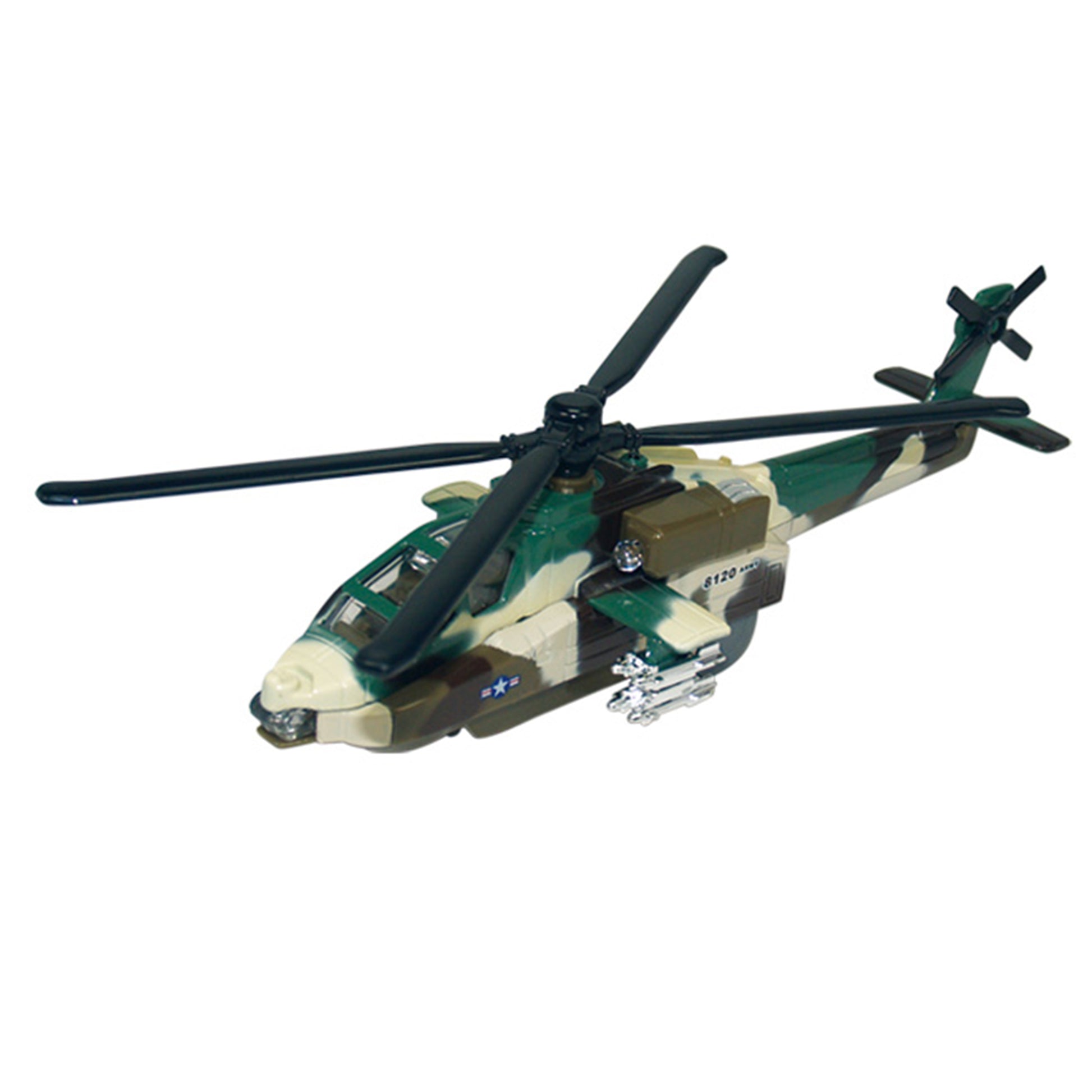 The Rollin' Die Cast Sonic Gunship by Rollin' is a green and beige helicopter toy with black rotors, side missiles, and flashing lights, shown on a plain white background.