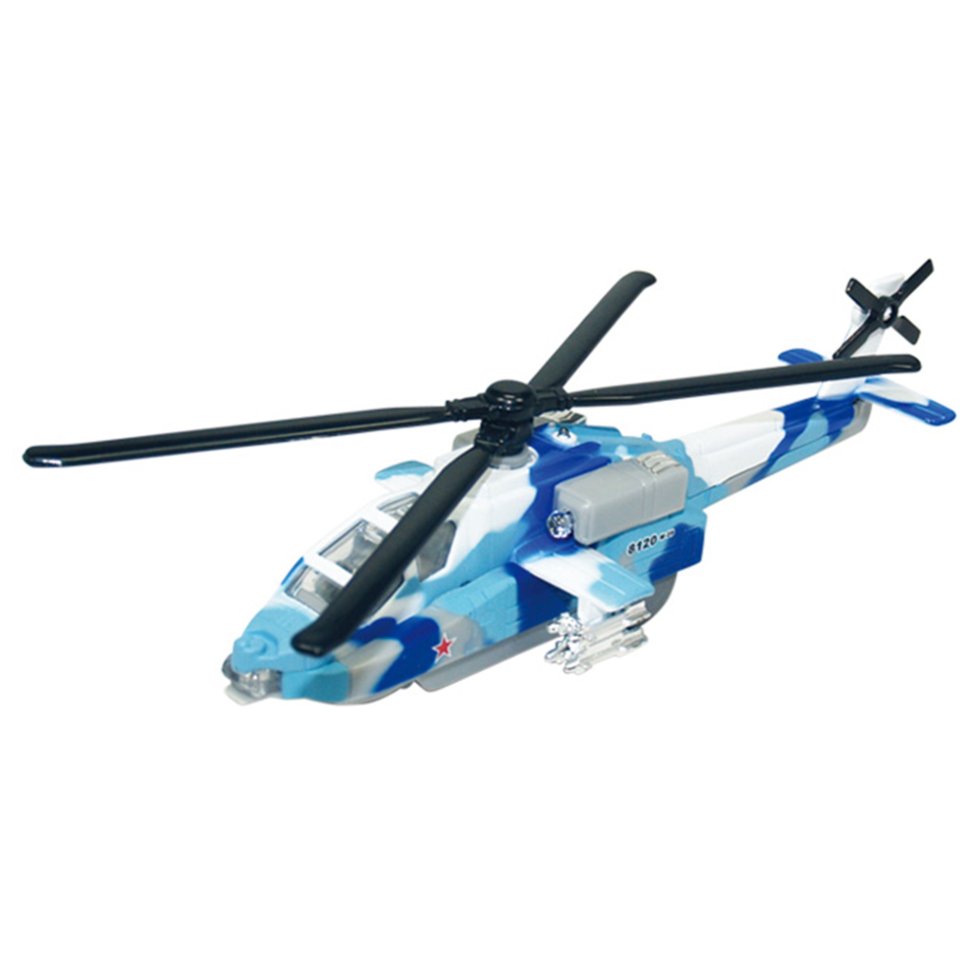 The Rollin' Die Cast Sonic Gunship by Rollin', featuring a blue and white body, black rotor blades, and clear windows, is displayed on a plain white background.