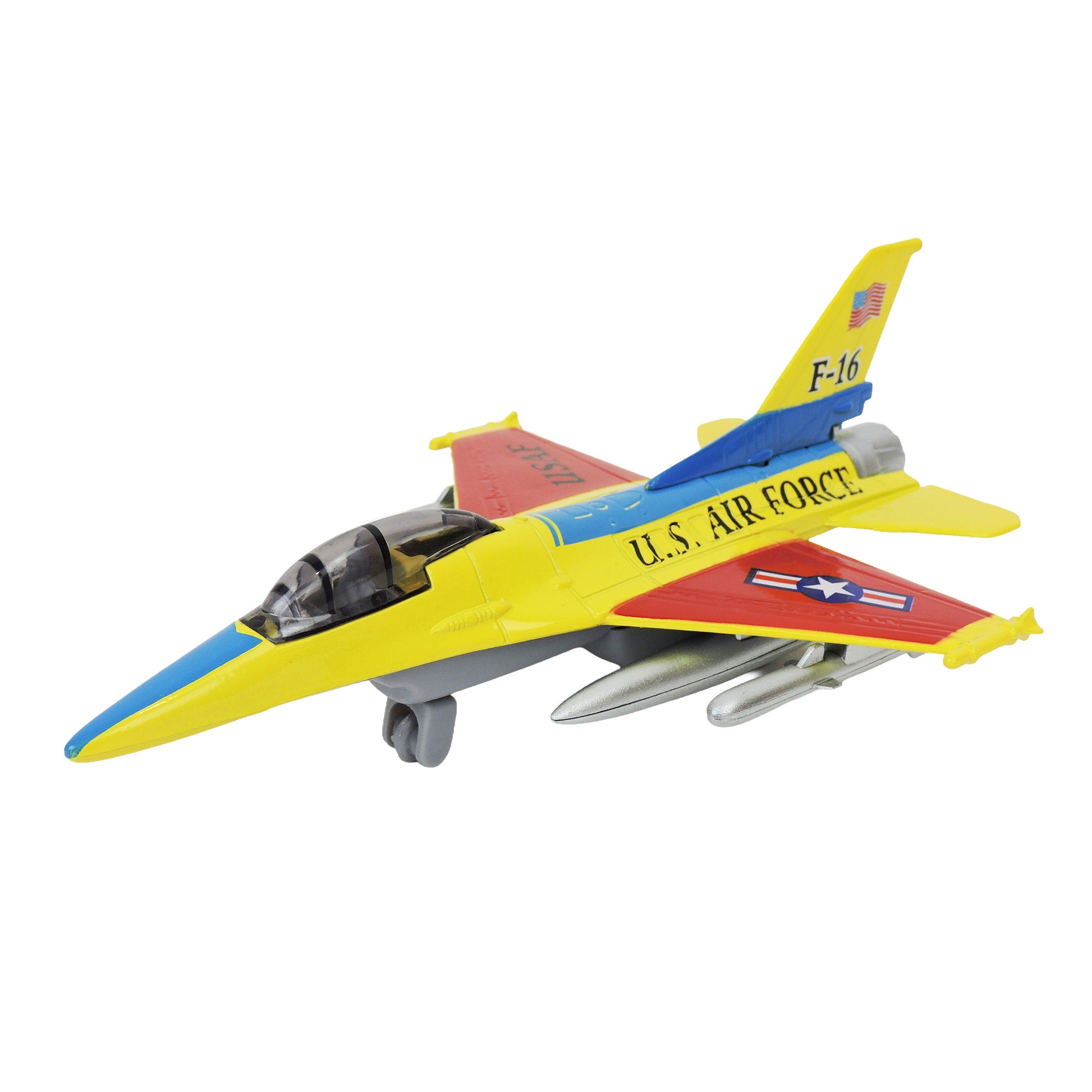 The Rollin' Airforce Fliers by Rollin' is a die-cast yellow F-16 jet with red wings and blue nose, featuring "U.S. AIR FORCE" on the body and insignia on the wing—a standout in the pull-back jet toys collection.