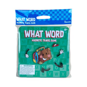 A packaged On the Way Games Magnetic What Word by Toysmith for ages 6+. This educational travel game has a green cover with a smiling suitcase cartoon, scattered facial features, and a warning label at the bottom.