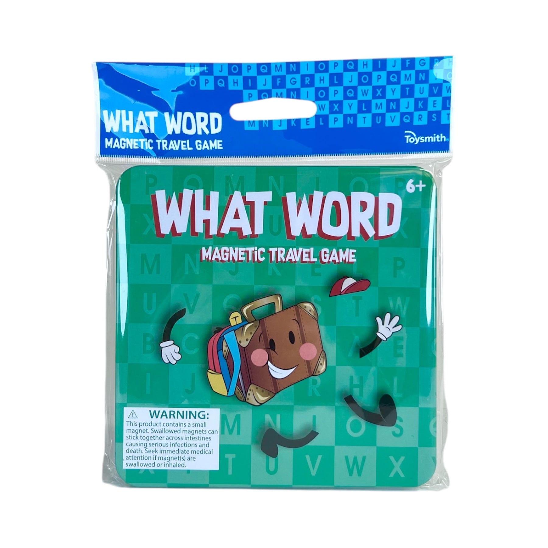A packaged On the Way Games Magnetic What Word by Toysmith for ages 6+. This educational travel game has a green cover with a smiling suitcase cartoon, scattered facial features, and a warning label at the bottom.