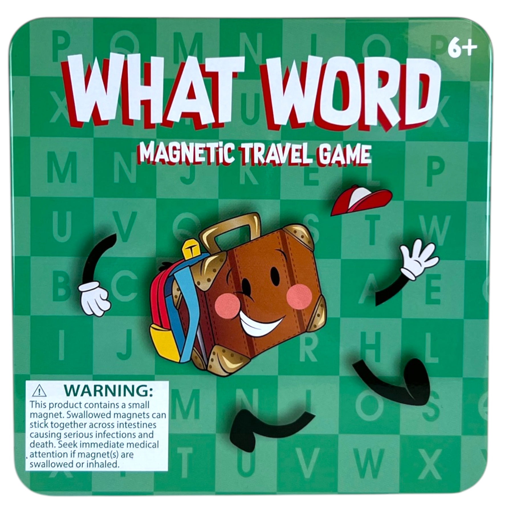 A green checkered box for On the Way Games Magnetic What Word, an educational travel game for ages 6+, features a smiling cartoon suitcase with arms and legs. A magnet warning appears at the bottom left.