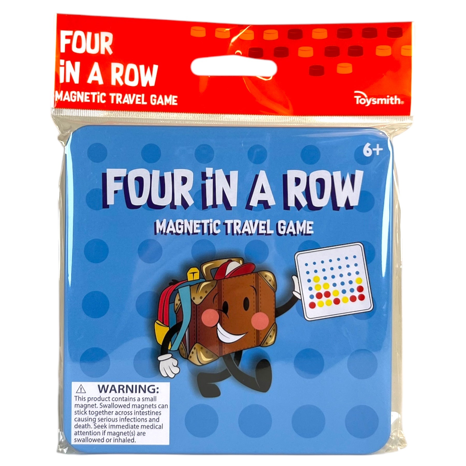 A package of On the Way Games Magnetic 4 In A Row for ages 6+, featuring a cheerful cartoon square token mascot and an illustration of the magnetic game board on a blue background.