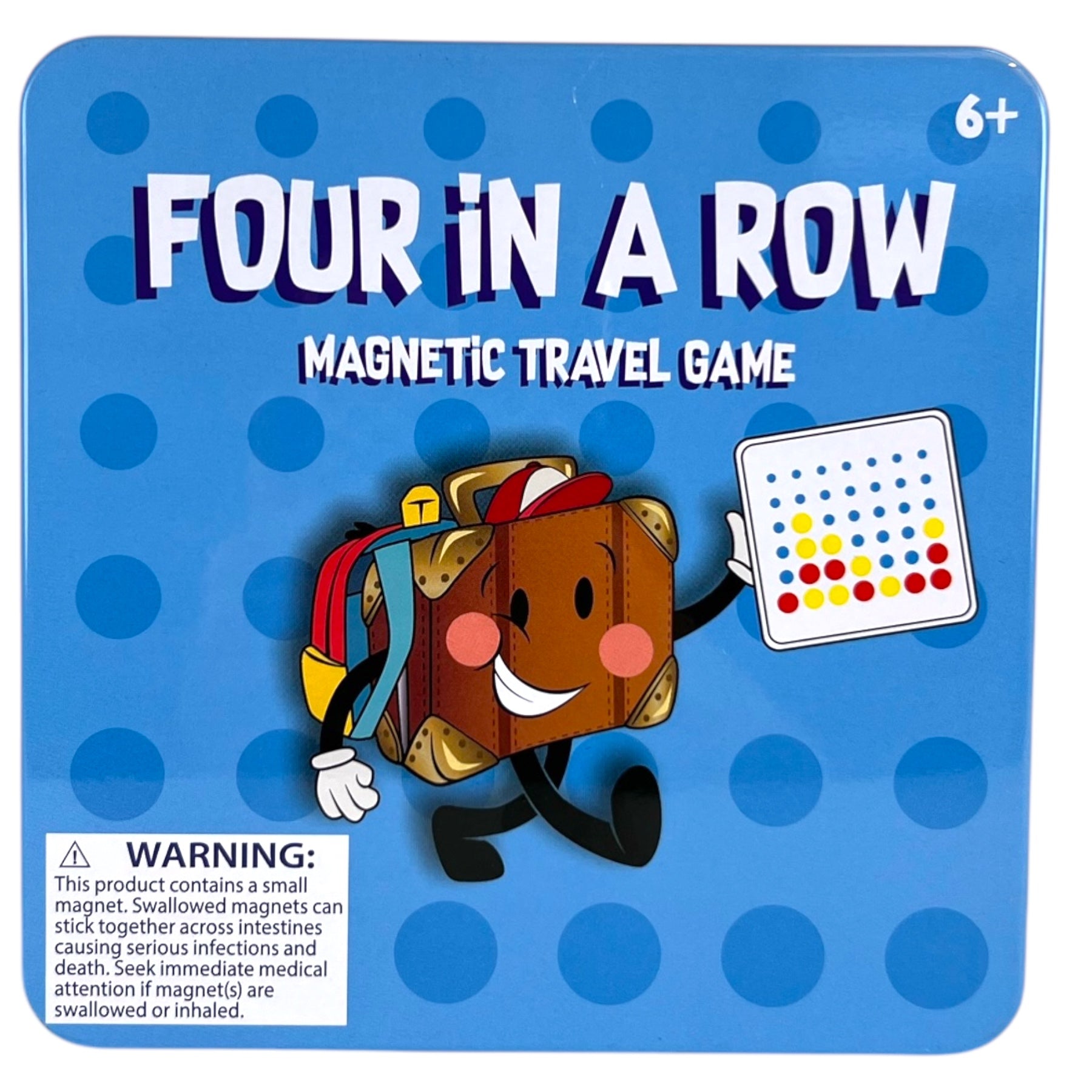 A blue square featuring a cartoon character, ideal for the On the Way Games Magnetic 4 In A Row Travel Game.