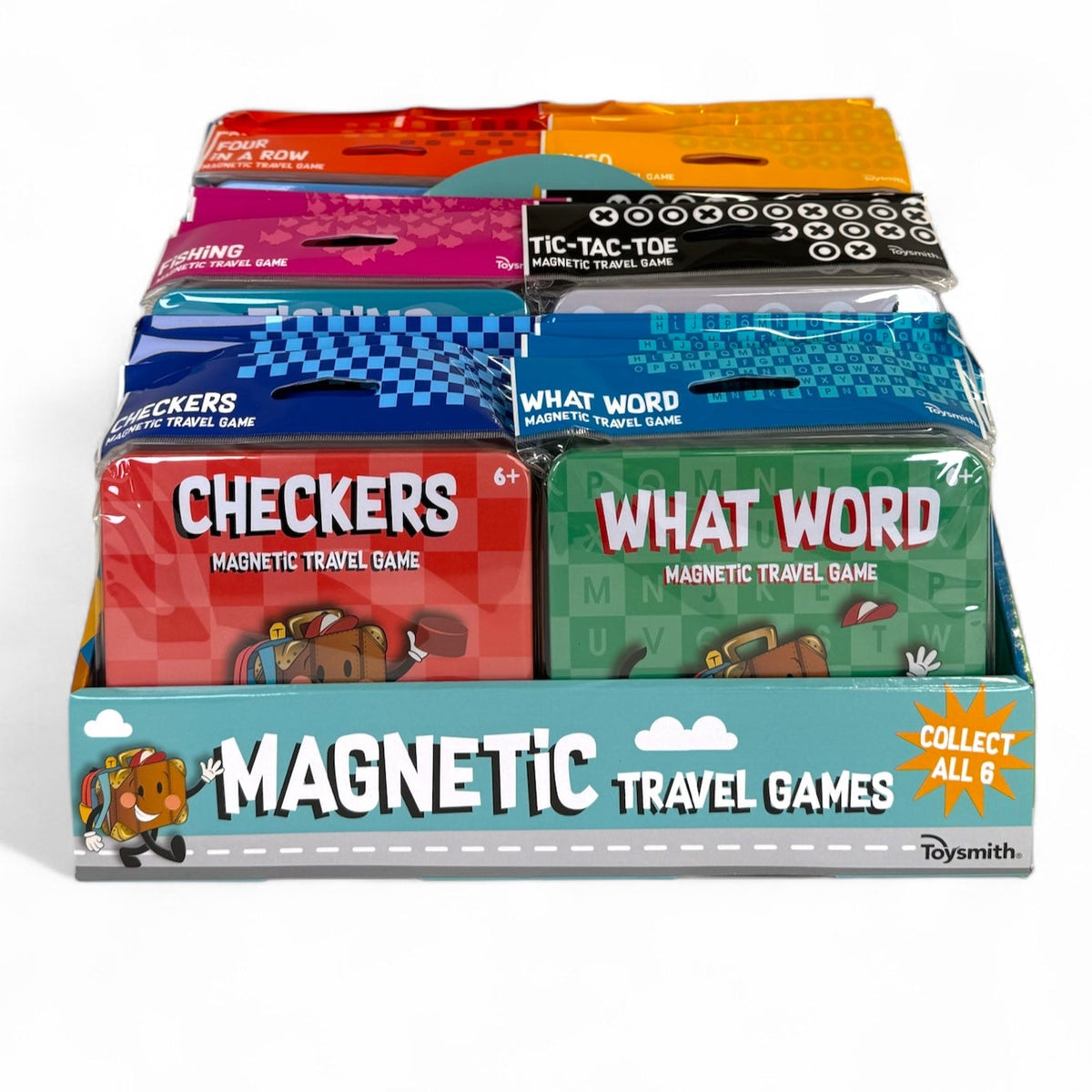 A display box of On the Way Games Magnetic Travel Games features portable classics like Checkers, What Word, Fishing, and Tic-Tac-Toe in collectible colorful tin packaging. Collect all six fun travel games by On the Way Games.