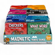 A display box of On the Way Games Magnetic Travel Games features portable classics like Checkers, What Word, Fishing, and Tic-Tac-Toe in collectible colorful tin packaging. Collect all six fun travel games by On the Way Games.