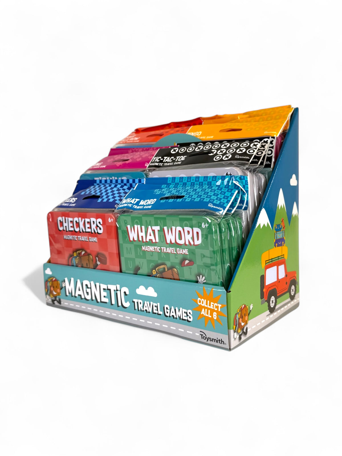 The On the Way Games Magnetic Travel Games display box includes assorted portable board games like Checkers and What Word in colorful packaging. The side features a cartoon car with luggage and mountains in the background.