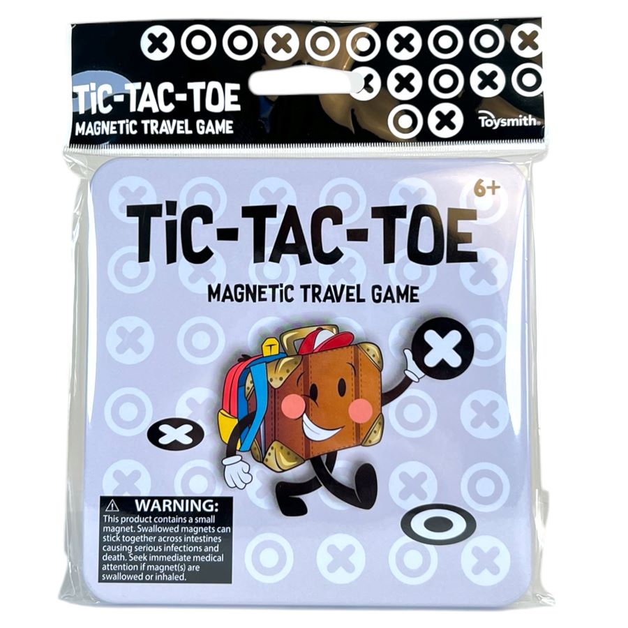 The On the Way Games Magnetic Travel Game by On the Way Games is a portable tic-tac-toe board featuring a cheerful square mascot and X/O symbols. The package includes a warning label and is suitable for ages 6 and up.