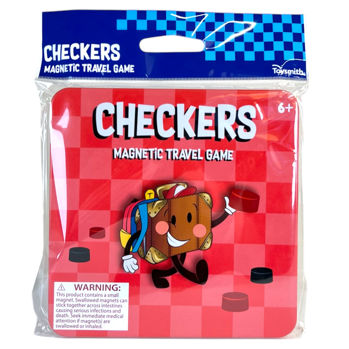 The On the Way Games Magnetic Travel Games by On the Way Games features a red checkered board, cartoon checker character, black and red checkers, warning label, and is perfect for ages 6 and up—ideal for board game fans on the go.