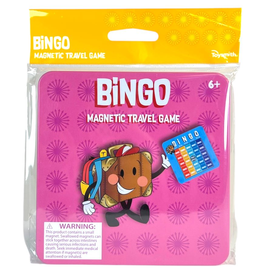 A package of On the Way Games Magnetic Travel Games by On the Way Games, featuring a cartoon suitcase with a bingo card on a pink background. This portable board game is for ages 6+, with a visible safety warning at the bottom.