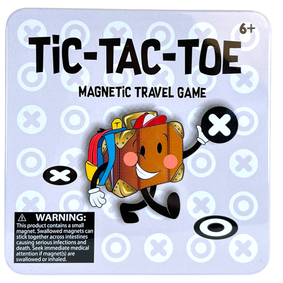 The cover of the On the Way Games Magnetic Travel Game by On the Way Games shows a smiling suitcase character with a backpack, set against a playful grid of Tic-Tac-Toe symbols.