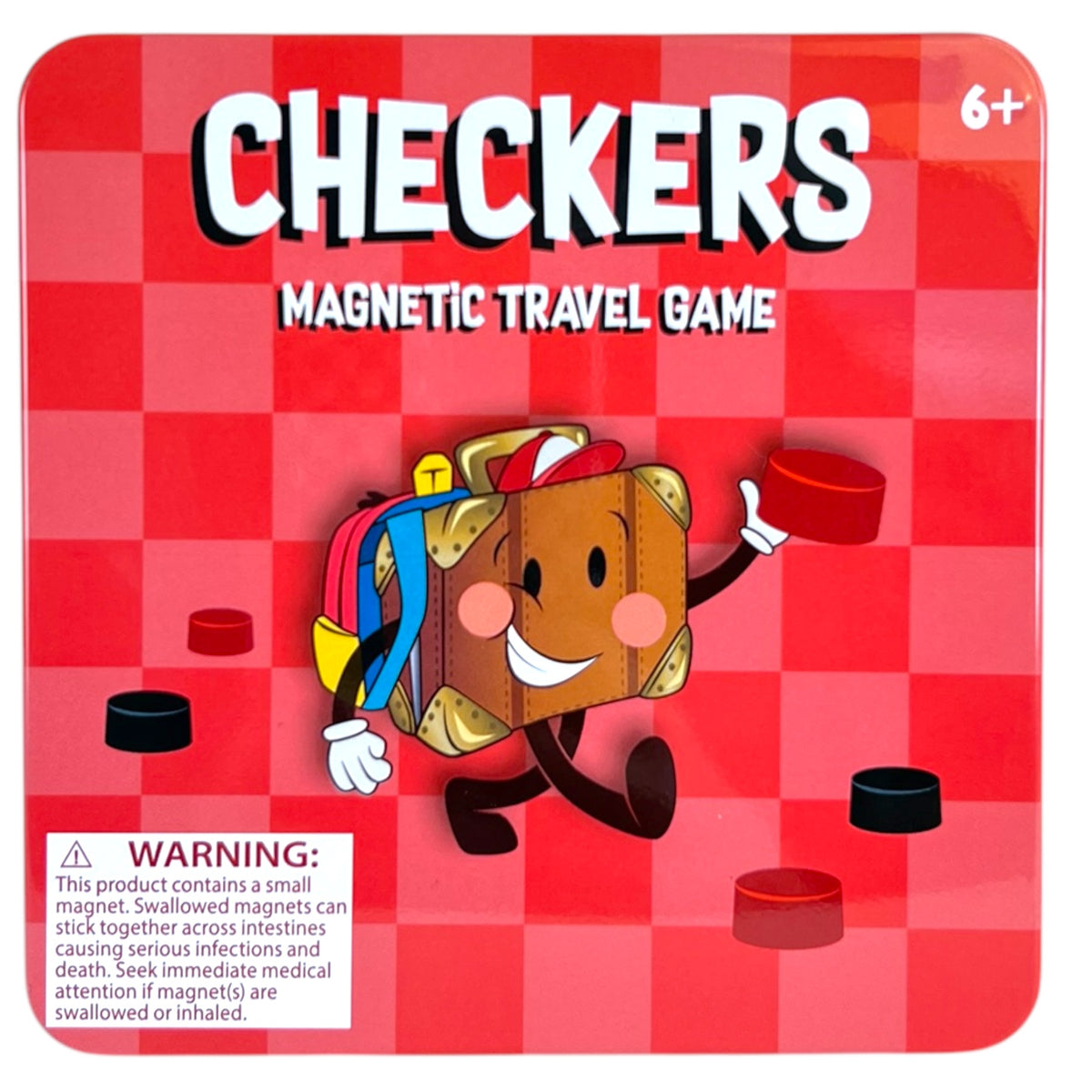 A red checkered game tin labeled On the Way Games Magnetic Travel Games features a smiling cartoon magnet with checker pieces, is portable for ages 6+, and has a small magnet warning at the bottom left. Brand: On the Way Games.