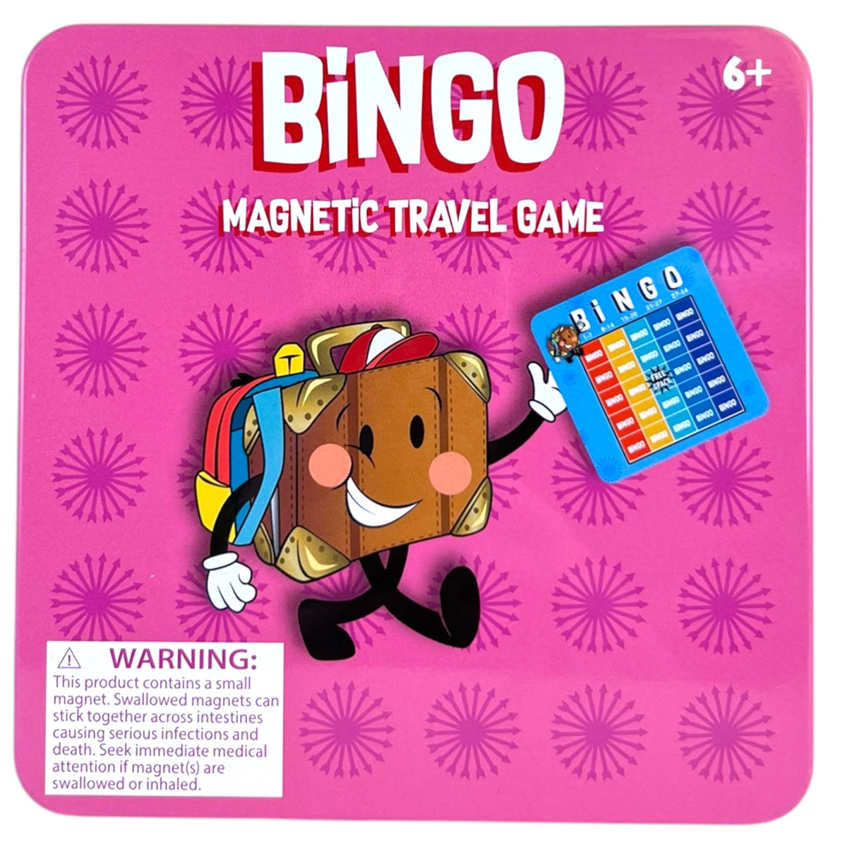 The square box for On the Way Games Magnetic Travel Games by On the Way Games shows a smiling cartoon suitcase holding a bingo card. Includes small magnet warning. Perfect for ages 6+, ideal for fans of magnetic travel games.