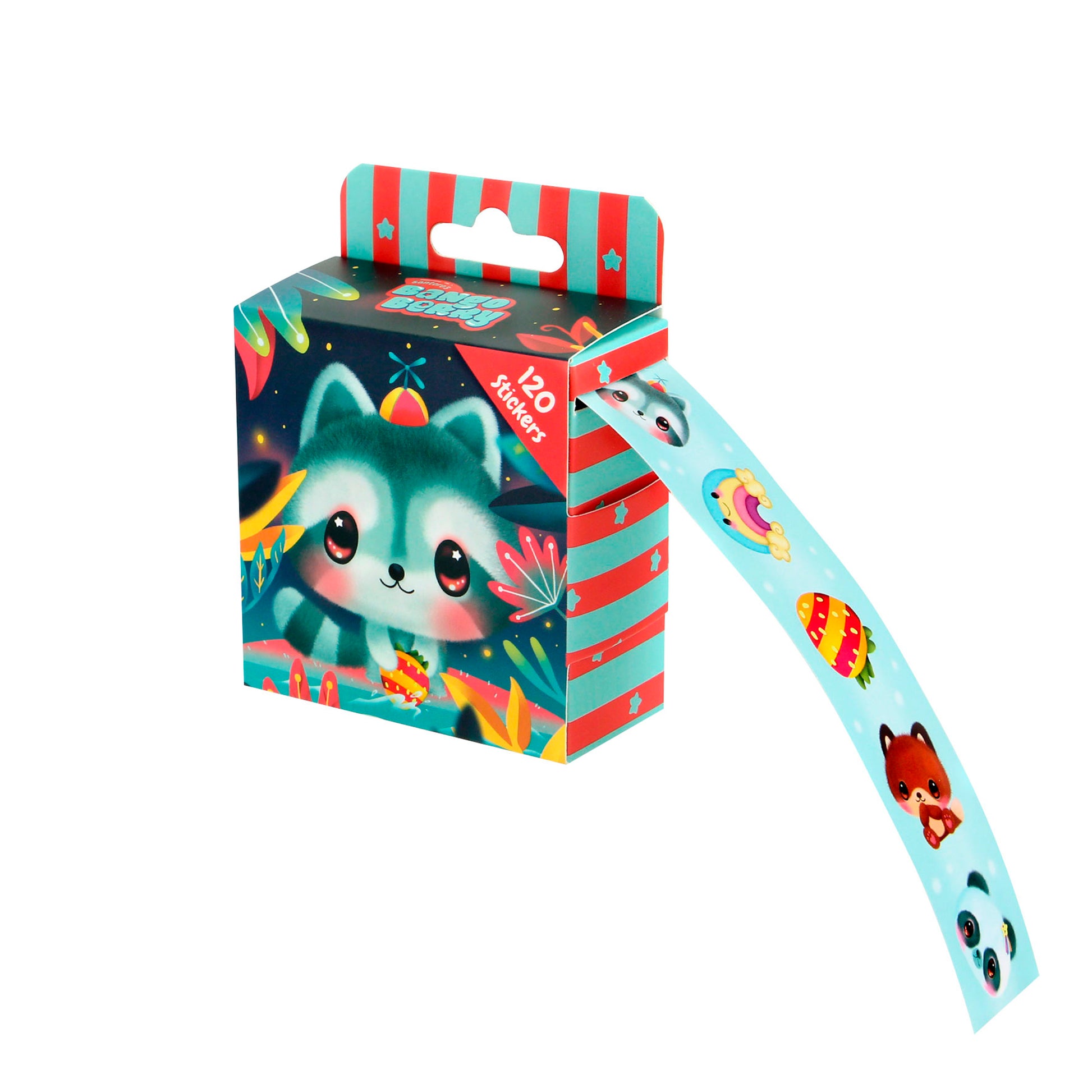 The Bangoberry Sticker Roll Assortment comes in a colorful, leaf- and stripe-decorated box with a cute cartoon animal. It dispenses 120 vibrant stickers featuring playful designs like bears and rainbows.