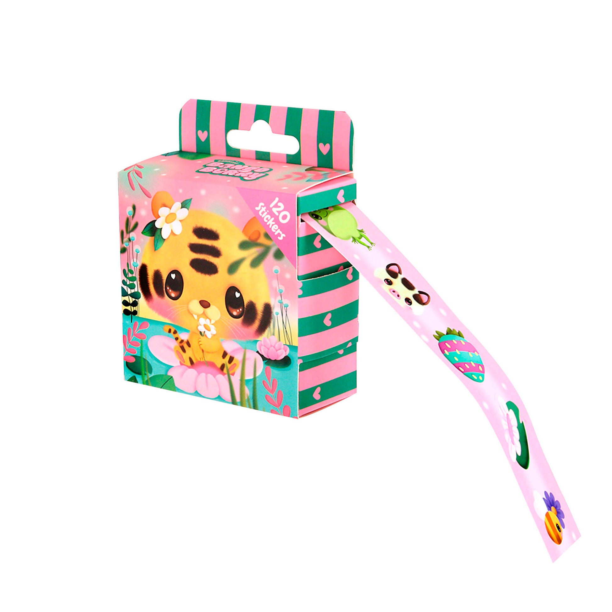 The Bangoberry Sticker Roll Assortment comes in a colorful box with green and pink stripes, tiny hearts, and a cute tiger illustration. Inside is a roll of 120 pink stickers featuring small animal faces and fruit designs.
