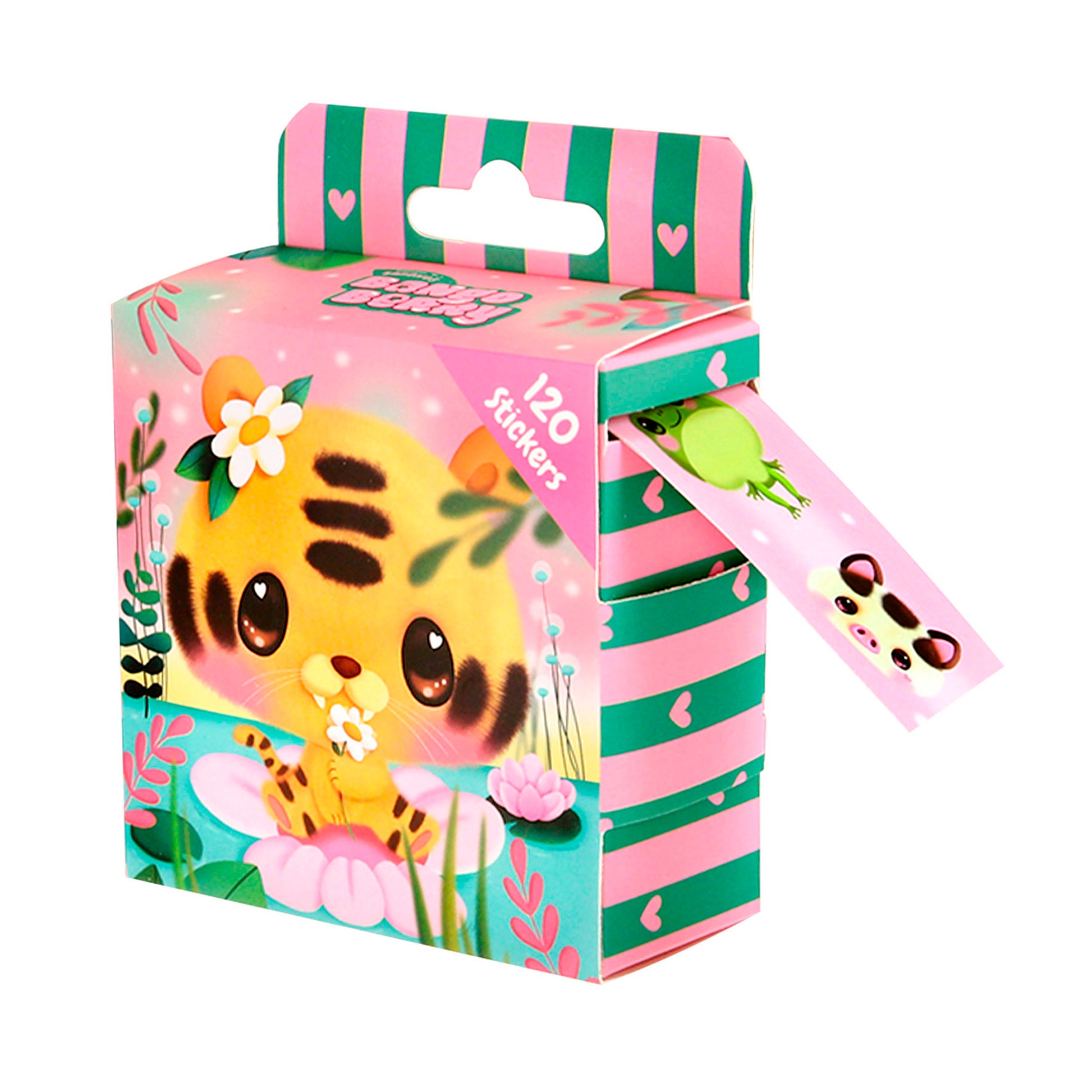 The Bangoberry Sticker Roll Assortment comes in a colorful box with pink and green stripes, hearts, and a cartoon tiger among flowers. A tab reveals an animal sticker design. The box contains 120 stickers.