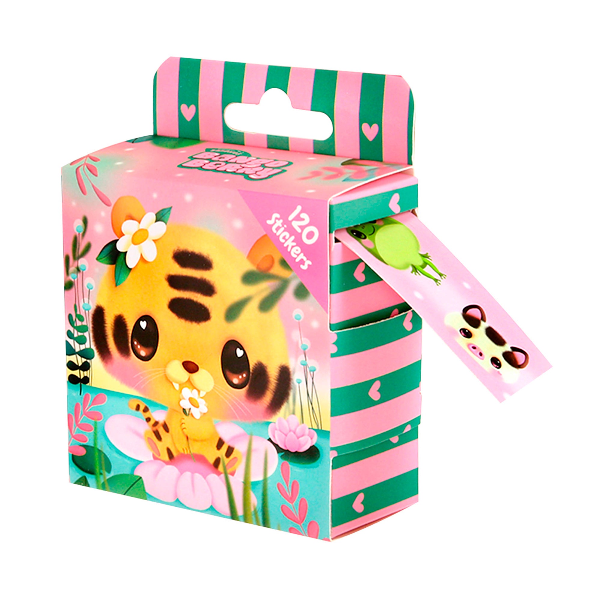 The Bangoberry Sticker Roll Assortment comes in a colorful box with pink and green stripes, hearts, and a cartoon tiger among flowers. A tab reveals an animal sticker design. The box contains 120 stickers.
