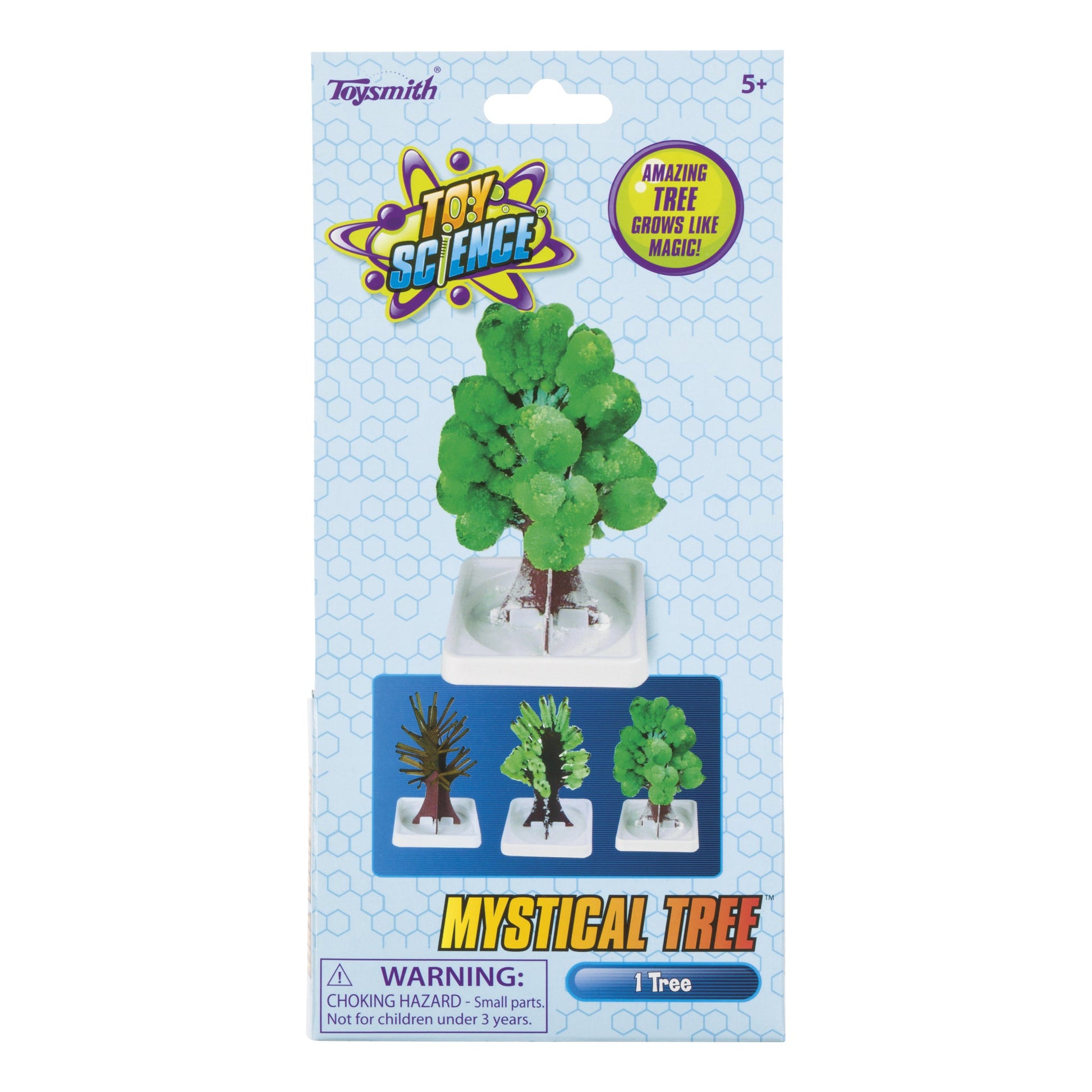 The Toy Science Mystical Tree kit by Toy Science features packaging with a green crystal tree growing in a white base, three growth stages pictured below, and includes warnings plus fun promotional text highlighting this unique science kit.