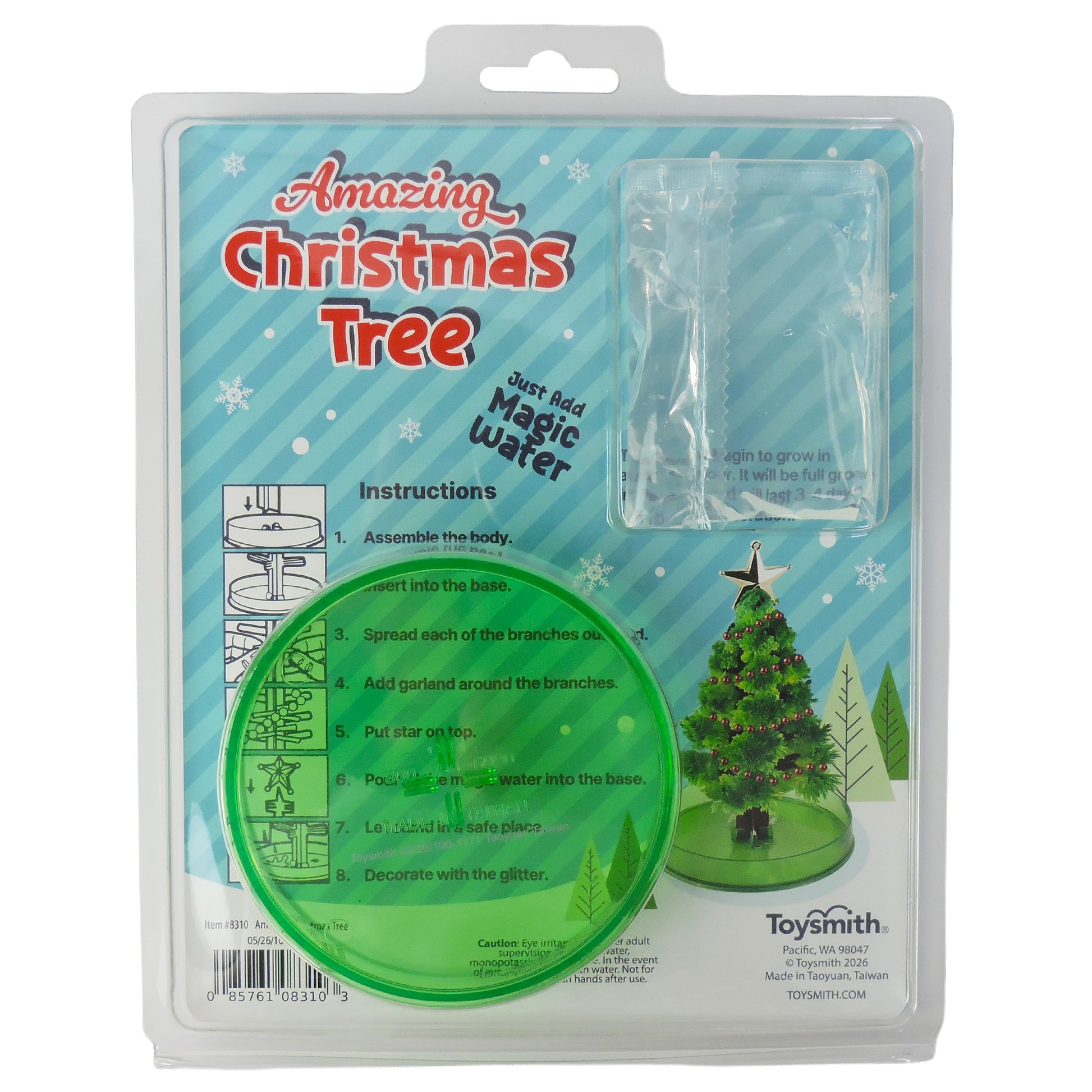 The Toysmith Amazing Christmas Tree kit is a festive holiday craft for kids. It includes a plastic base, clear tube, and magic water packets to grow a decorative tree. Perfect as a Christmas tree kit or stocking stuffer. Instructions included.