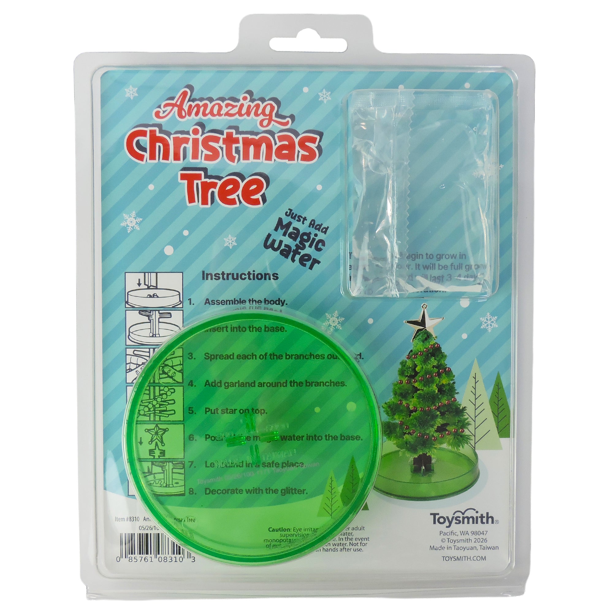The Toysmith Amazing Christmas Tree kit is a festive holiday craft for kids. It includes a plastic base, clear tube, and magic water packets to grow a decorative tree. Perfect as a Christmas tree kit or stocking stuffer. Instructions included.