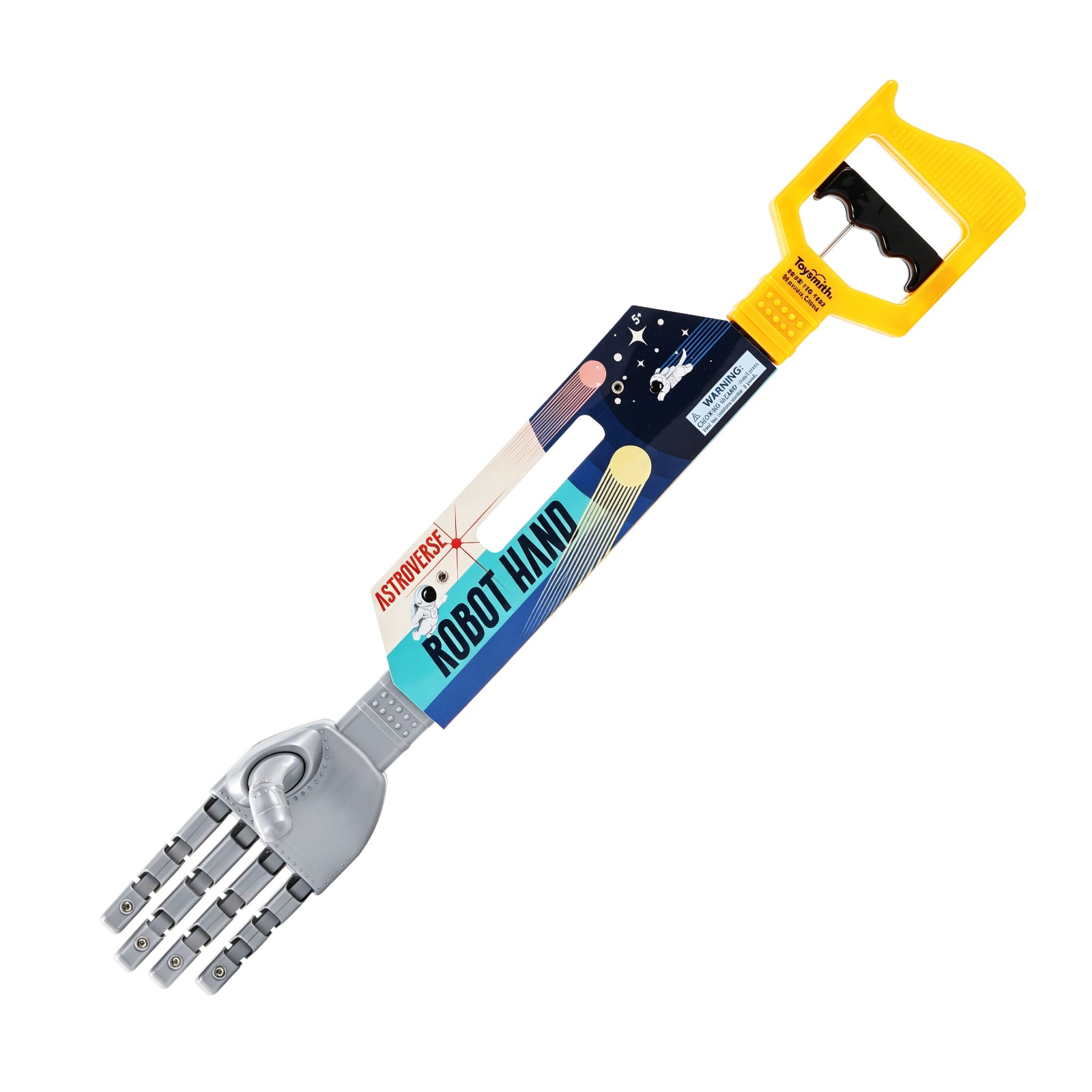 An Astroverse Robot Hand toy grabber with a yellow handle, gray robotic fingers, and space-themed packaging labeled Astroverse Robot Hand—perfect for sparking kids’ interest in robotics and introducing the excitement of a mechanical hand from the Astroverse brand to young explorers.