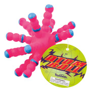 The Toysmith Colorful Atom Ball by Toysmith is a pink rubber toy with blue-tipped protrusions, featuring a round yellow tag with red “ATOM BALL” text and a choking hazard warning for children under 3 years.
