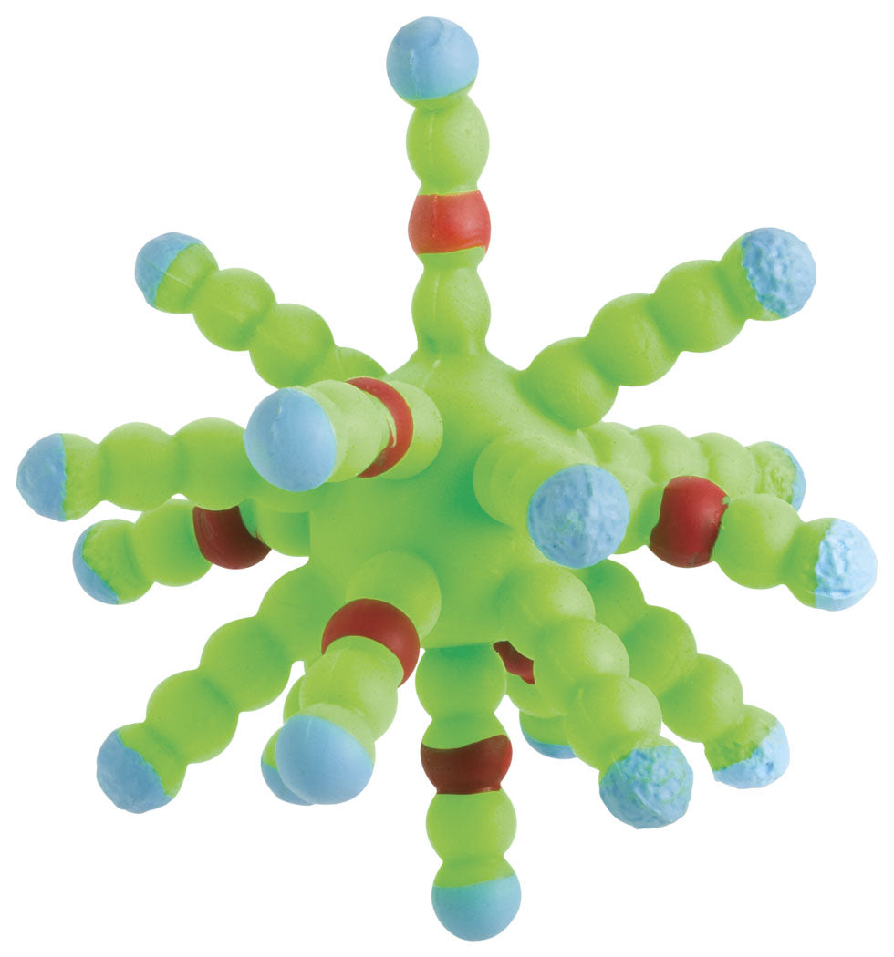 The Toysmith Colorful Atom Ball by Toysmith is a green rubber toy with multiple textured arms, each tipped in blue and accented with red bands.