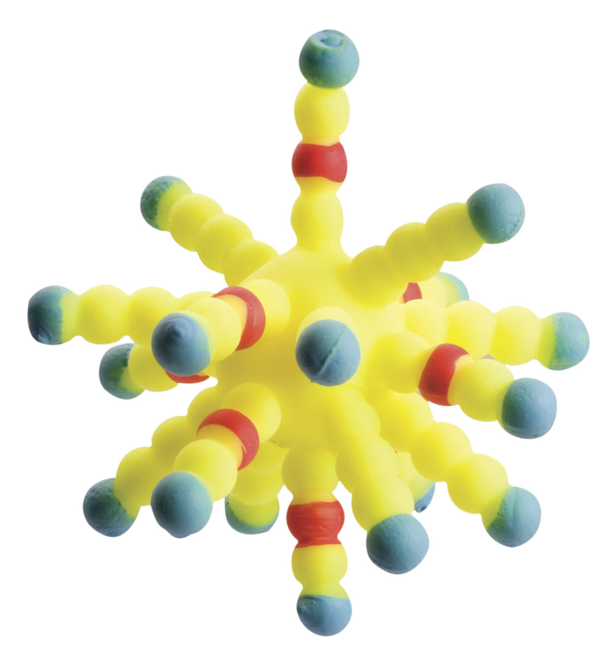 The Toysmith Colorful Atom Ball by Toysmith is a yellow rubber toy with beaded arms tipped in blue and red rings, resembling a spiky molecule, shown against a white background.