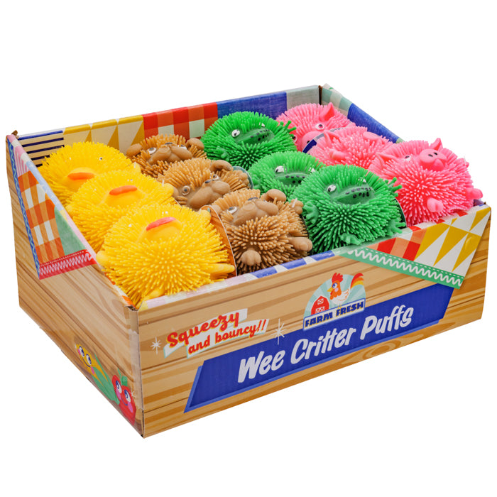 A box labeled Farm Fresh Wee Critter Puffs by Farm Fresh contains colorful, spiky animal-shaped sensory toys in yellow, brown, green, and pink with cute faces, all neatly arranged in rows inside a decorative cardboard display.
