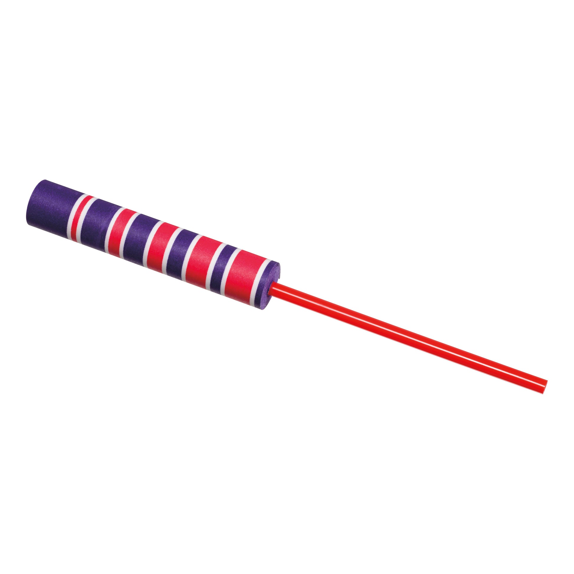 A single Neato! Fling Zing Chinese Yo-Yo by Neato!, featuring a cylindrical body with purple, red, and white stripes and a red stick, isolated on a white background.