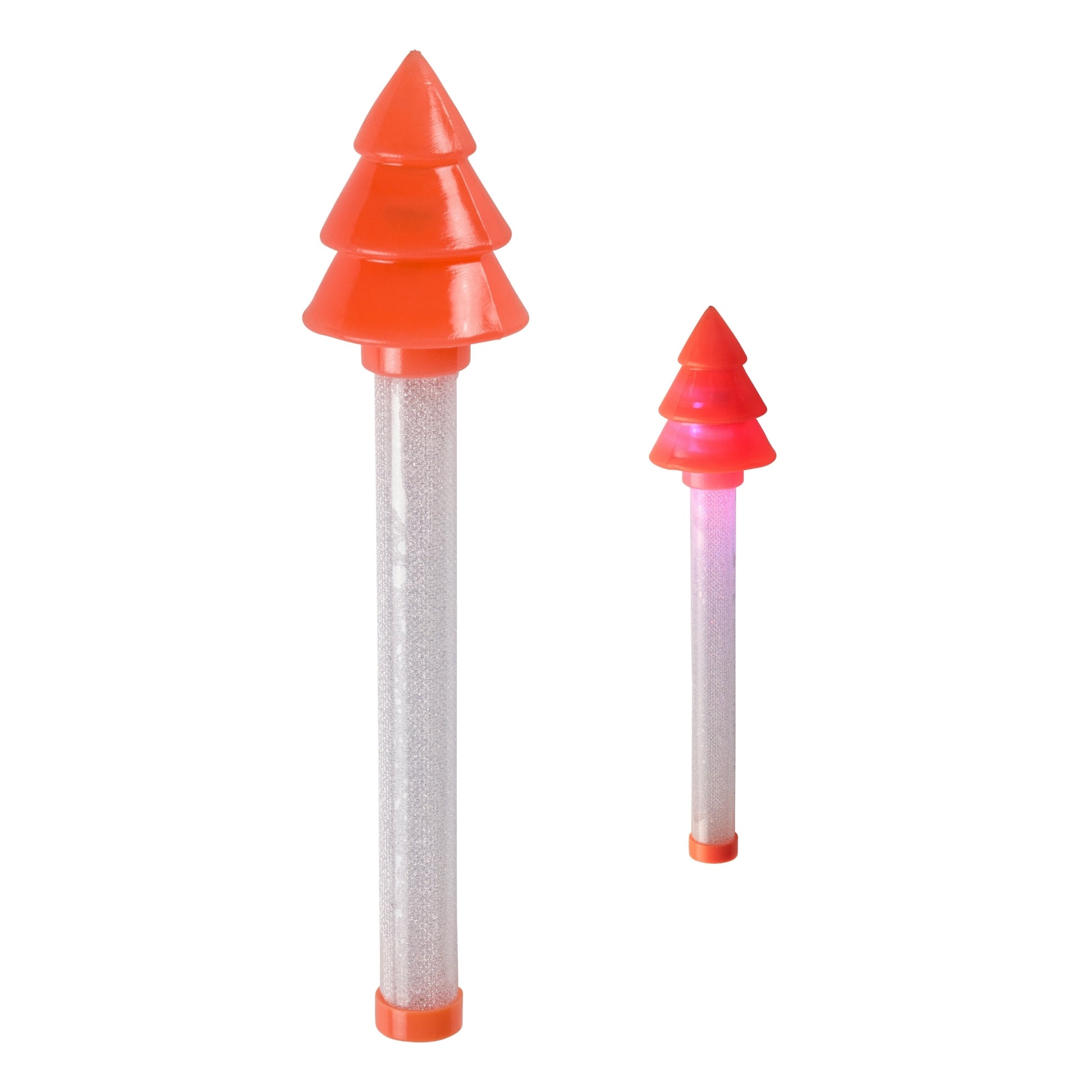 The Toysmith Holiday Cheer Baton set includes two orange plastic wands with tree-shaped tops and glittery transparent handles—one large, one small—making festive light-up toys ideal as stocking stuffers or Christmas party favors. Shown on a white background.