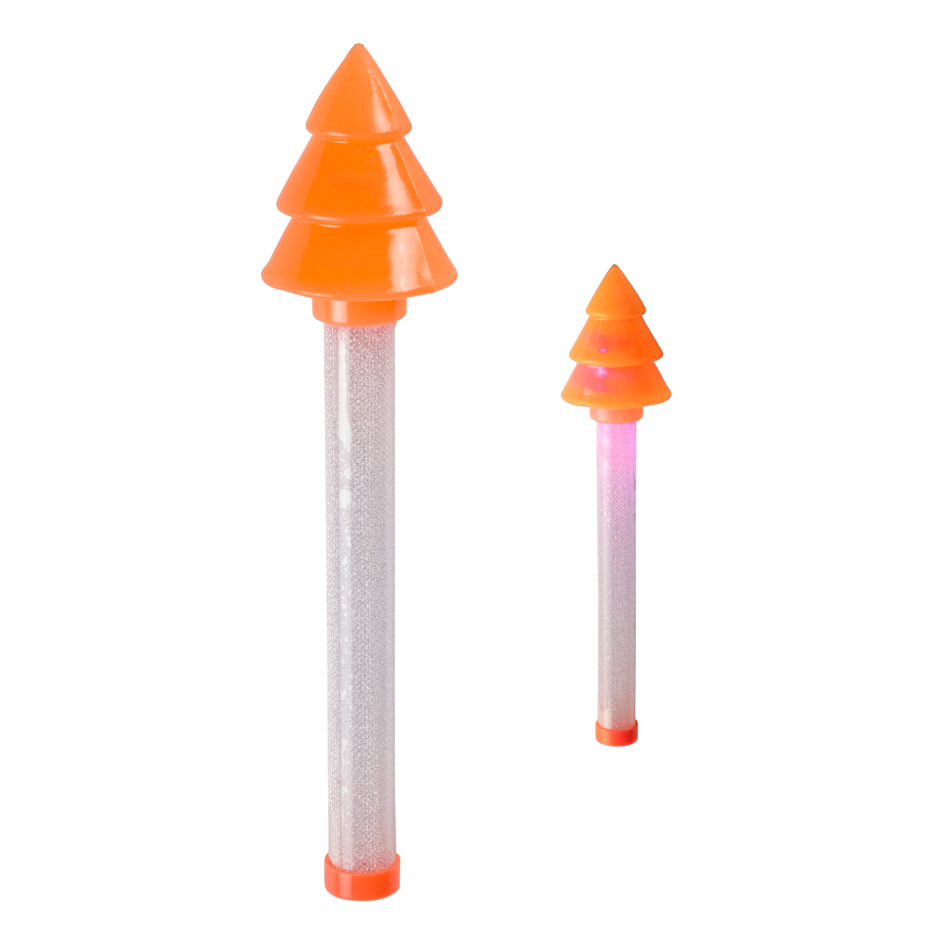 The Toysmith Holiday Cheer Baton, a set of two orange, tree-shaped LED lights with translucent stems (one large, one small), makes perfect festive party favors and adds a cheerful holiday glow against any backdrop.