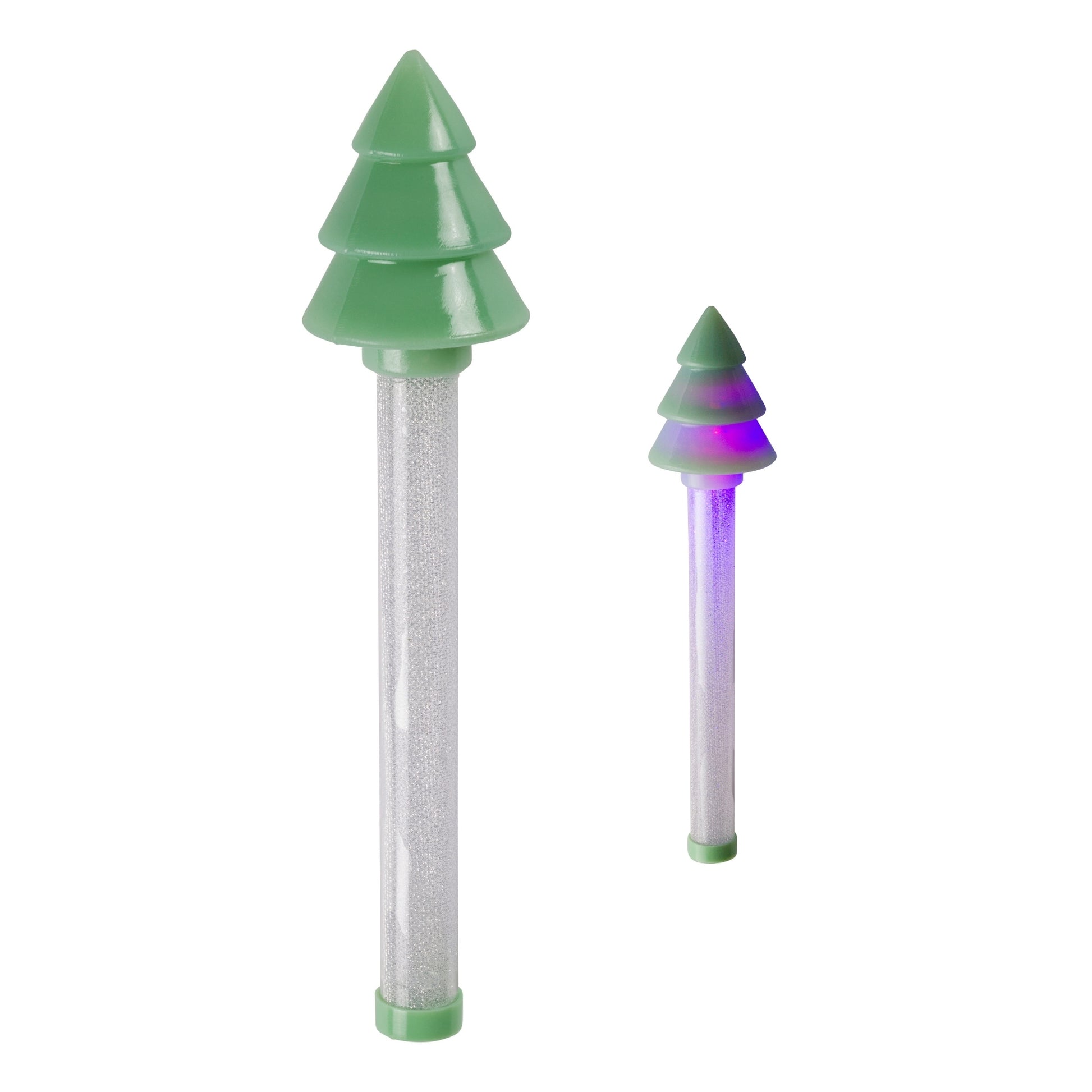 The Toysmith Holiday Cheer Baton features two green pine tree-shaped plastic lights with clear cylindrical bases. One baton glows in purple and blue, making them perfect as holiday light-up toys or festive Christmas party favors.